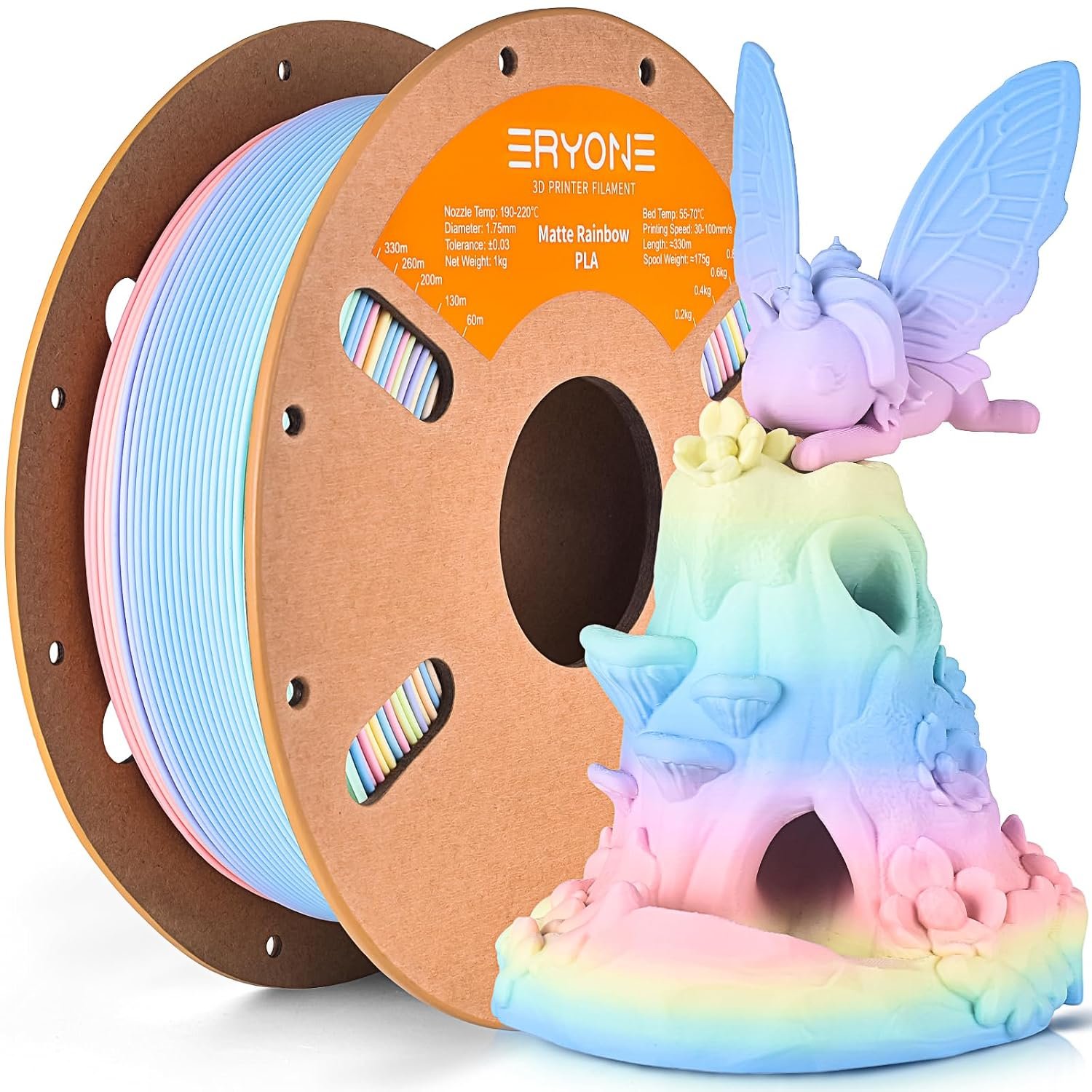 ERYONE Matte PLA Filament 1.75mm, 3D Printer Rainbow Filament, +/-0.03mm, 1kg (2.2lbs)/Spool, Matte Multicoloured PLA, Rainbow Macaron