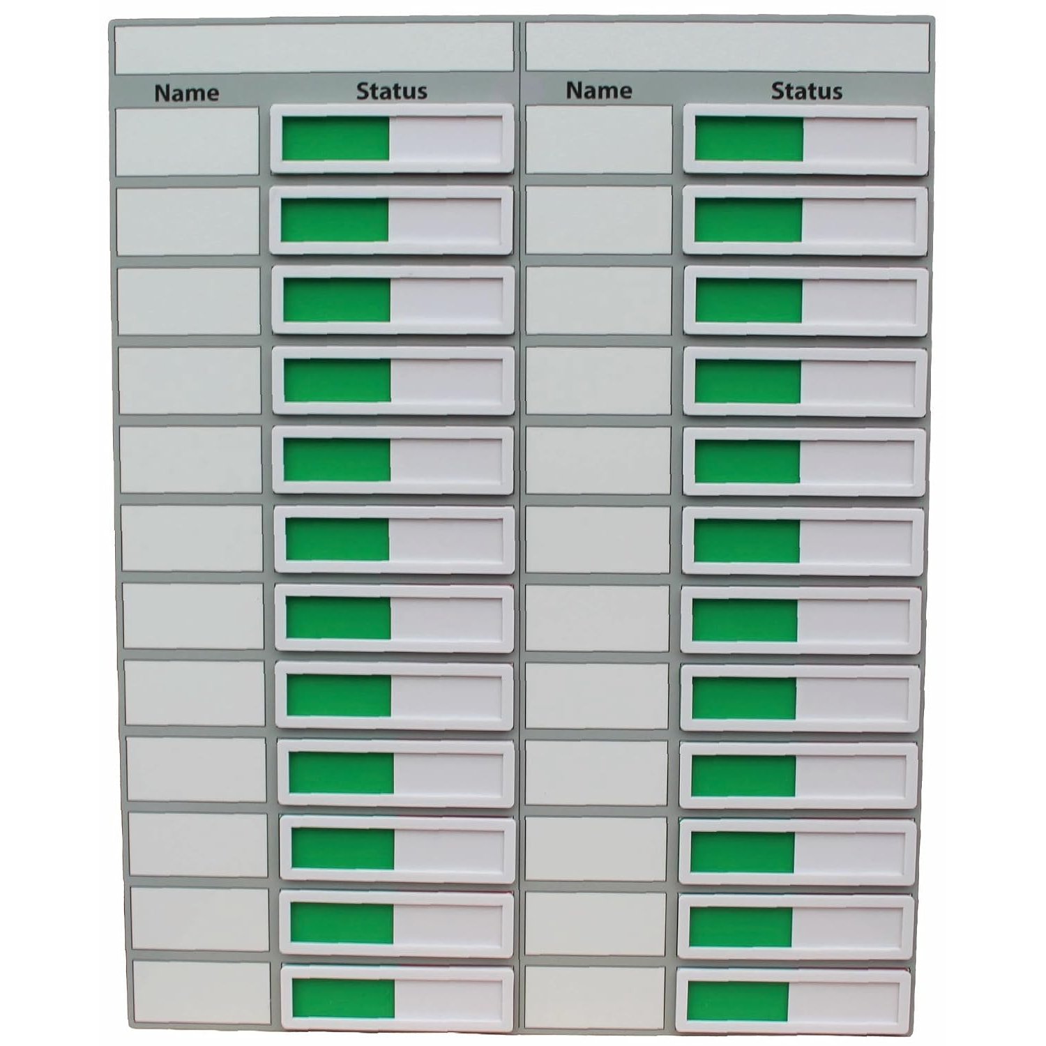 In and Out Board with 24 Red/Green Status Sliders - 340 x 420mm, Drywipe Surface - 3mm Aluminium Panel, Self-Adhesive Wall Mounting Strips