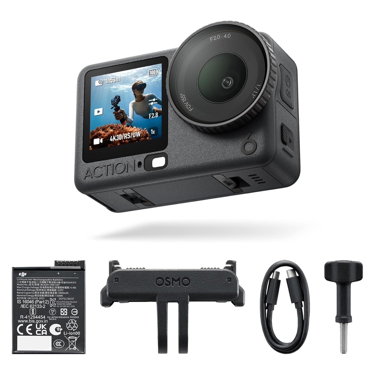 DJI Osmo Action 6 Essential Combo, Underwater Action Camera, 1/1.1″ Square Sensor, 50GB Storage, f/2.0–f/4.0 Variable Aperture, Cold-Resistant, 4hrs Battery, 8K for Daily Use
