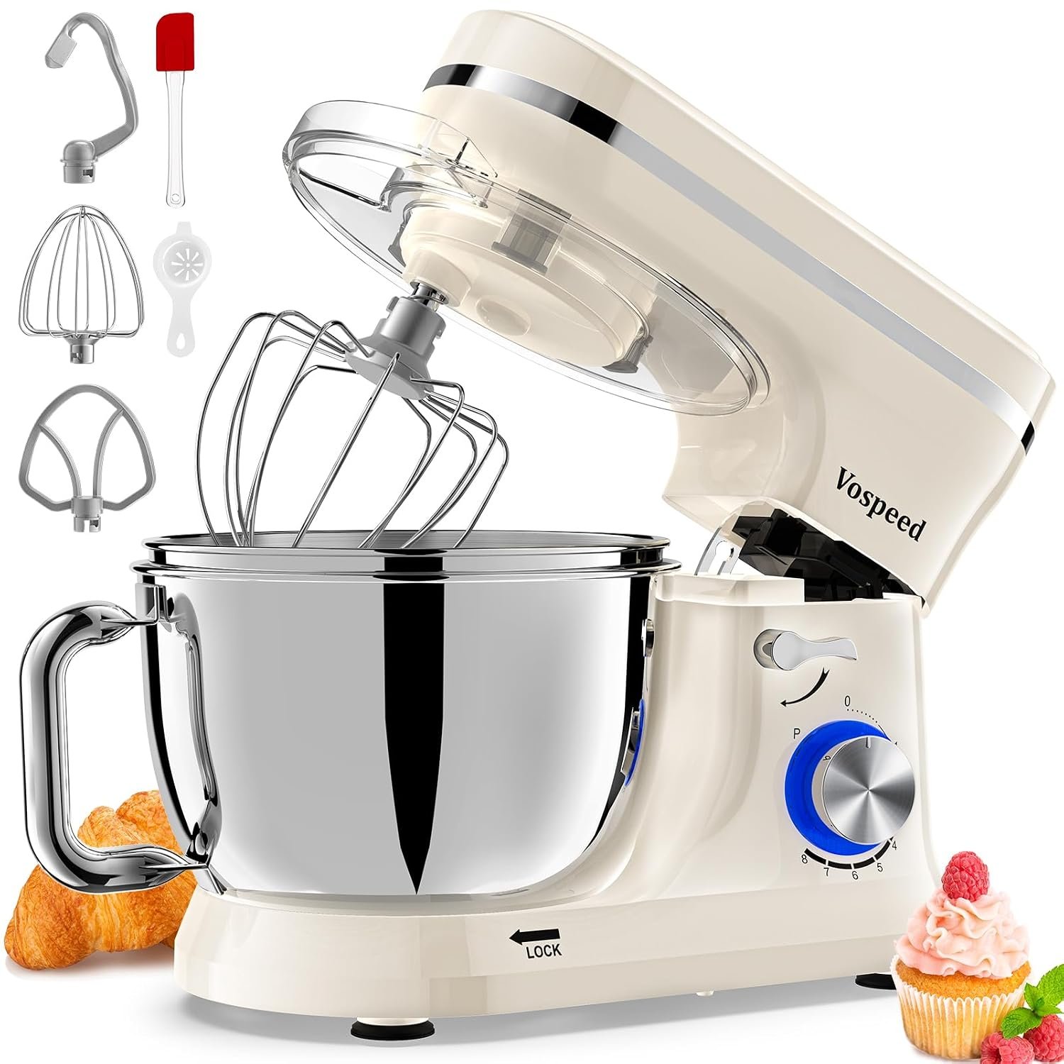 Vospeed Stand Mixer, 4.5L+5L Bowls 8-speed 1000W Tilt-Head Food Mixer, Kitchen Electric Mixer with Dough Hook, Whisk, Beater, Splash Guard (Cream White)