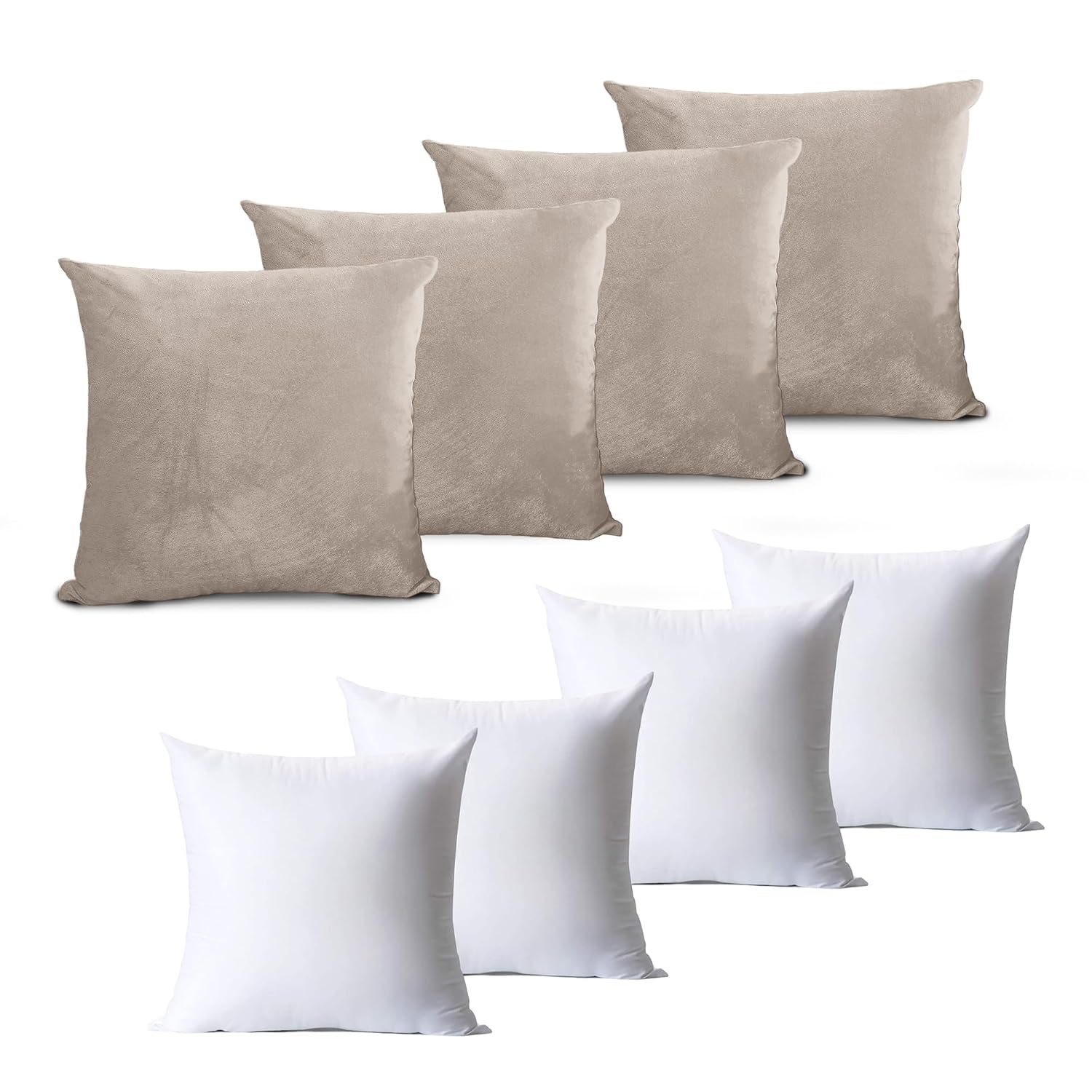 Hafaa Velvet Cushions with Covers Included Set of 8 Pcs (4 Beige Cushion Covers, 4 Cushion Inserts 45cm x 45cm) Luxury Decorative Fluffy Square Throw Pillow Case Sofa Cushion with Invisible Zipper
