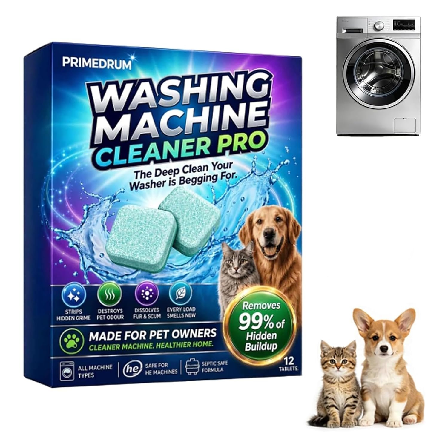 PrimeDrum Washing Machine Cleaner Pro Tablets -12, Remove Odour & Pet Hair, Clean the Inner Drum and Laundry Tub Seal, All Washing Machines, Eliminates Odour Mould Detergent Residue (1 Box)