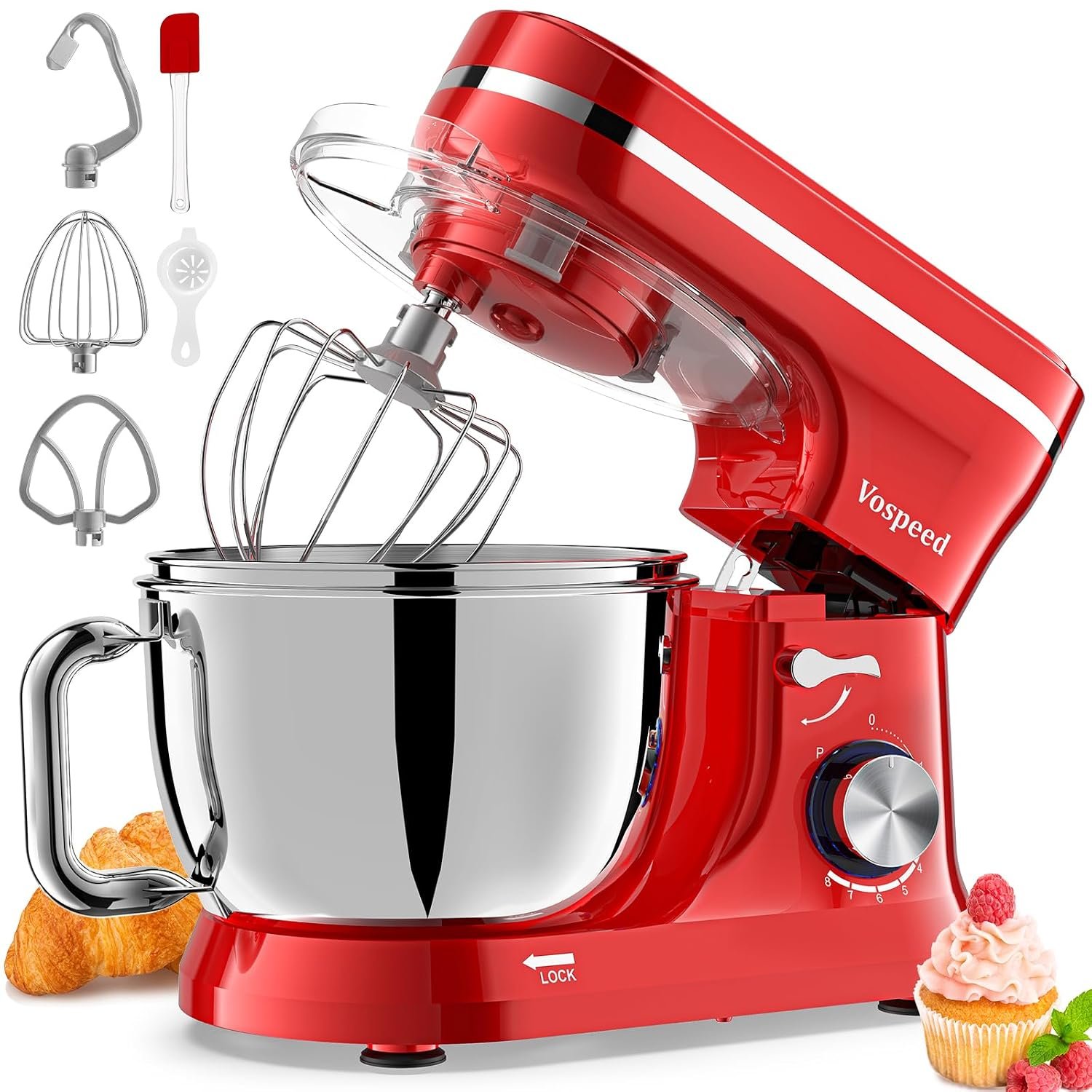 Vospeed Stand Mixer, 4.5L+5L Bowls 8-speed 1000W Tilt-Head Food Mixer, Kitchen Electric Mixer with Dough Hook, Whisk, Beater, Splash Guard (Red)