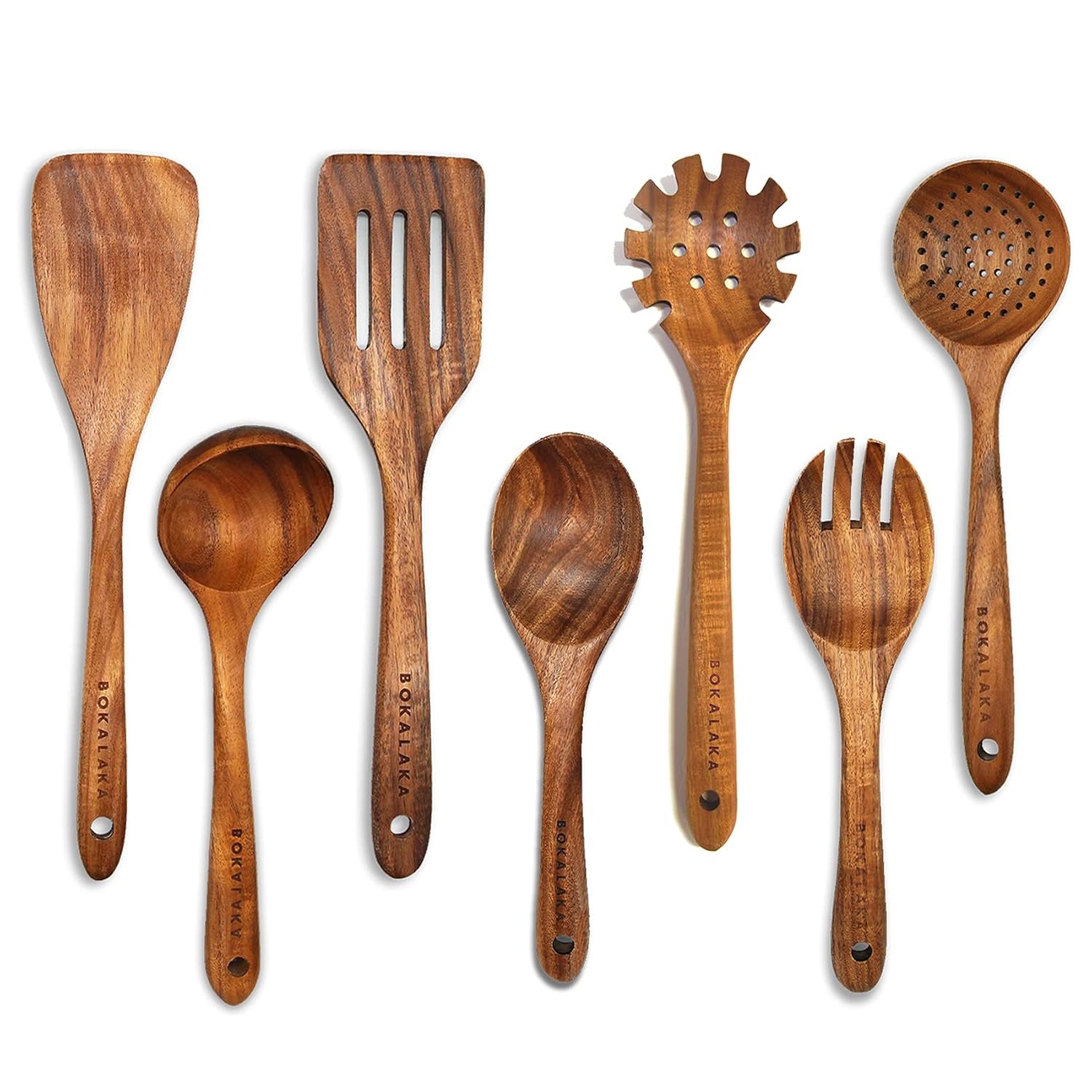 Teak Wooden Kitchen Utensil Set - 7Pcs Wooden Cooking Utensils Including Spatula