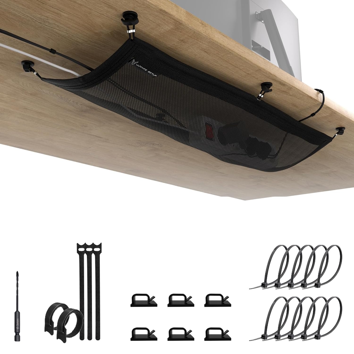 Flexible under desk cable management tray - Under desk cable tidy - Desk wire organiser - Cable management net - Under desk tray - Wire management for desk