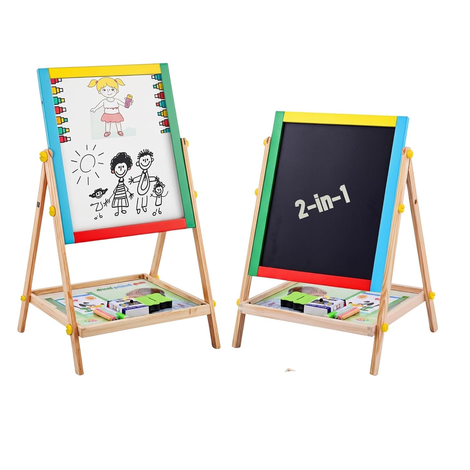 FB FunkyBuys 69cm Kids Easel Double Sided with Magnetic Whiteboard & Chalk Board for Kids, 54pc Magnetic Letters and Numbers for Children, Coloured Chalk, Dry Erase Marker & Whiteboard Eraser Sponge