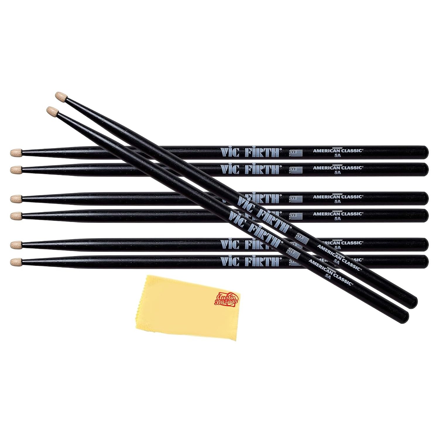 Vic Firth American Classic Series Drumsticks - 5AB - American Hickory - Wood Tip - Black - 4 x Pair Value Pack, P5AB3-5AB1