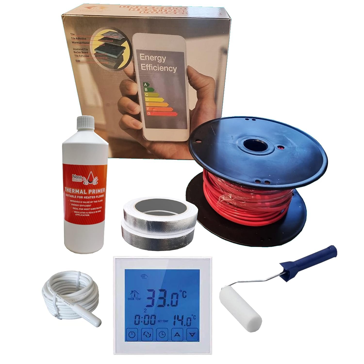 Nassboards Pro Elite Loose Cable Electric Underfloor Heating System 200w - Touch Screen Thermostat with Installation Kit & Instructions for Carpet, Tiles, Laminate, Wood, Concrete