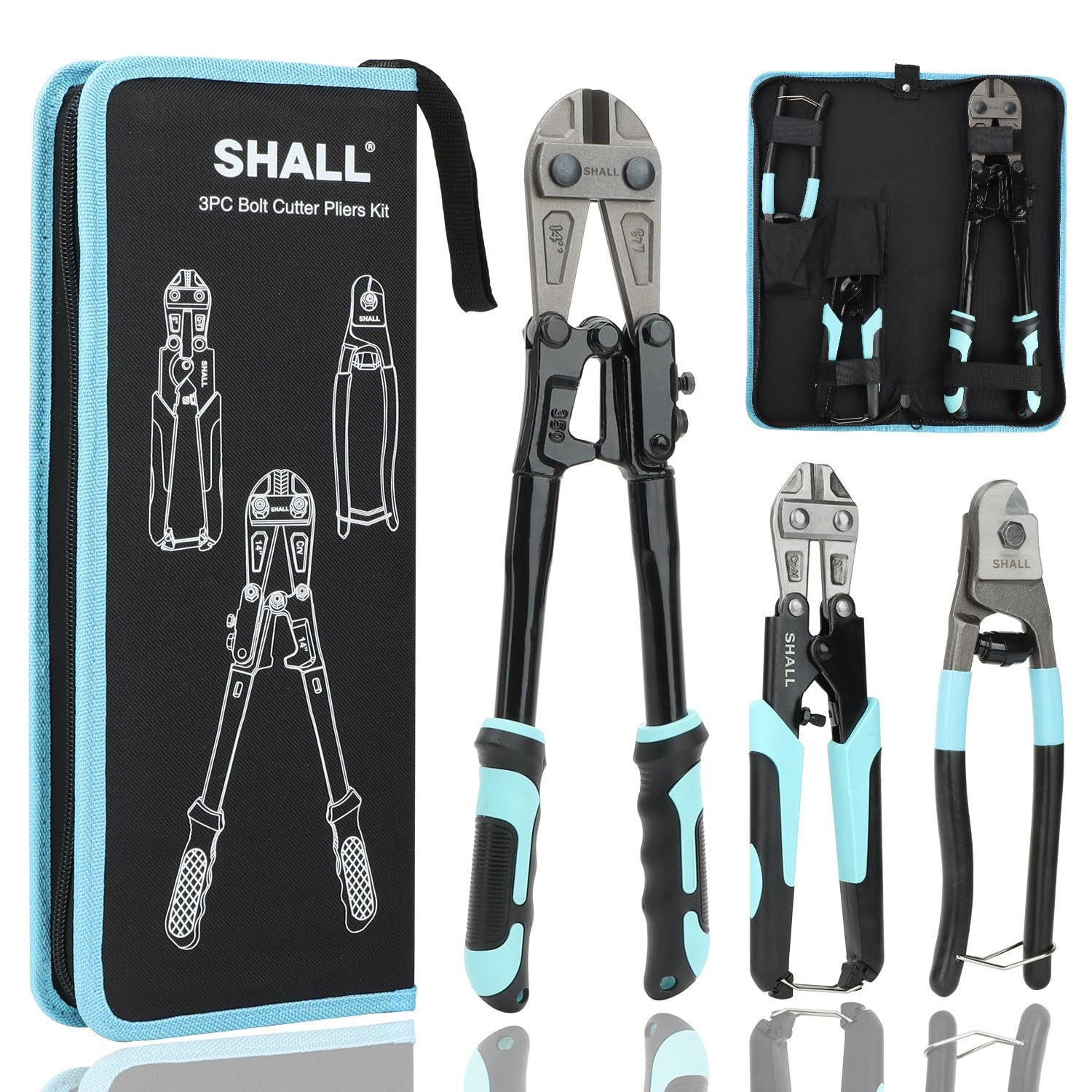 SHALL 3-Piece Bolt Cutter Kit, 14" Heavy Duty Bolt Cutter, 8" Wire Cutter, 8" Wire Rope Cutter, Ergonomic Handle, Security Lock, More Efficient Leverage & Adjustable Opening, Carrying Case Included