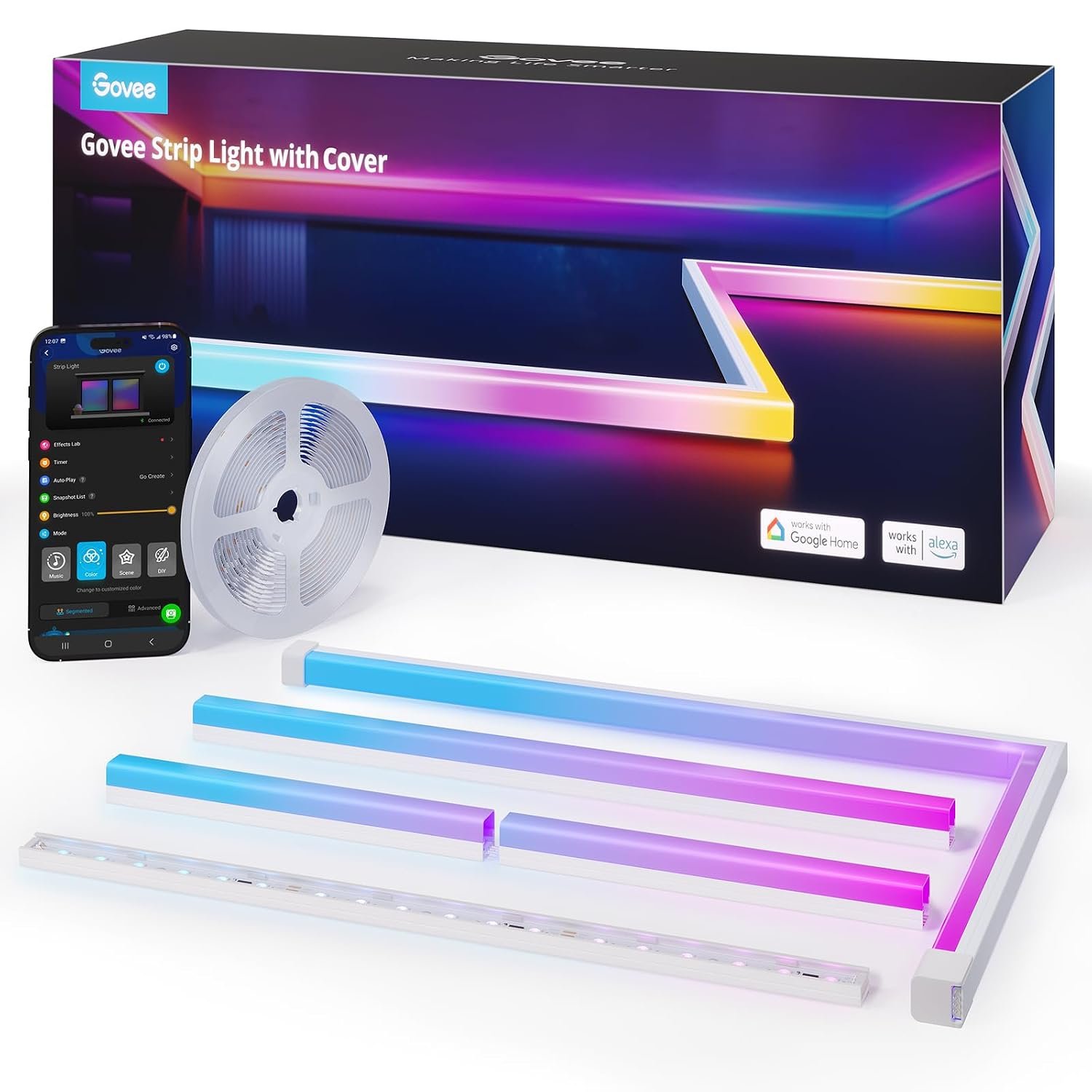 Govee RGBIC LED Strip Light with Covers, 5M Glide Wall Light Work with Alexa & Google Assistant, LED Profile with Strip for Bedroom, Skirting, Cabinet