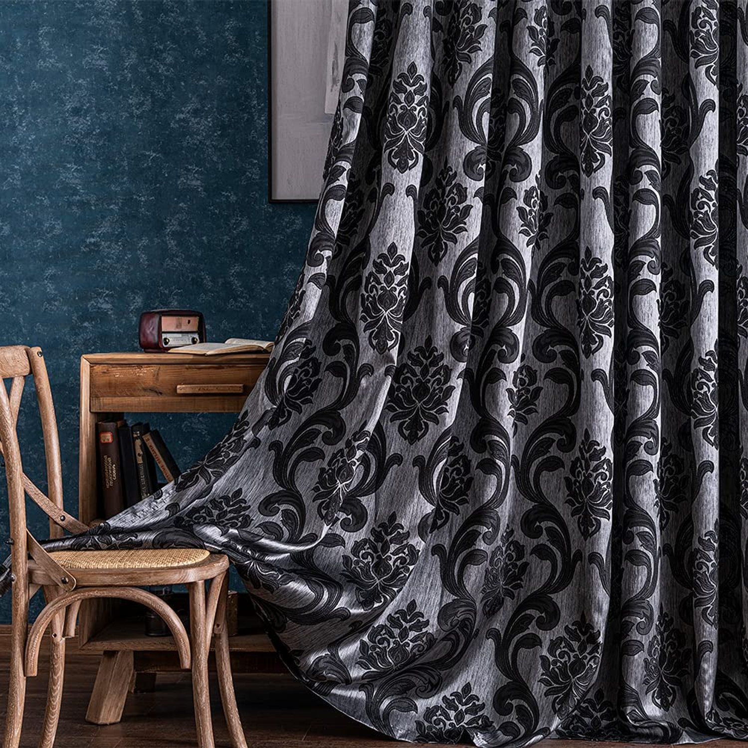 NAPEARL Black Damask Curtains for Living Room, Gothic Style Patterned Bedroom Curtain Drapes, Jacquard Curtains for Bedroom 84 Inch Length, Set of 2 Panels, Each 52 x 84 Inches