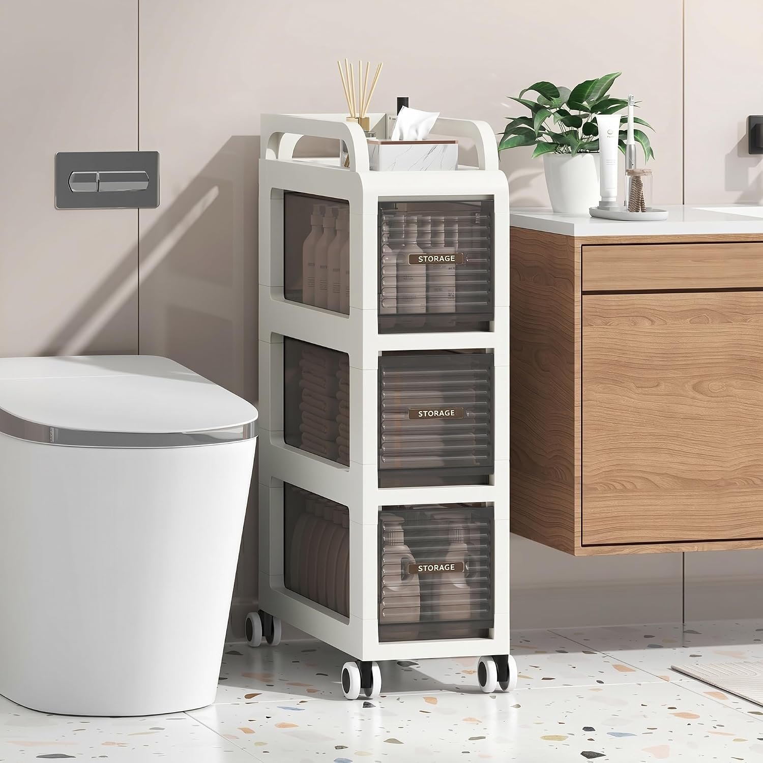 ZHYOCOGY Bathroom Storage with Drawers, 20cm Wide Slim Storage Cabinet with Wheels for Small Spaces, Narraw Cart for Kitchen Office Bedroom Dinning Room Under Desk, 20×41×66cm