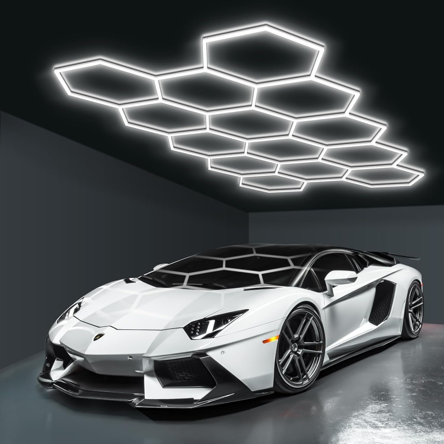Hexagon LED Garage Lights, Honeycomb Ceiling Light, 456W, 6500K Super Bright, 4.1 X2.4m 14 Grid Systems Car Detailing Lights for Garage Warehouse Workshop Basement Gym Auto Shopping malls (14-HEX)