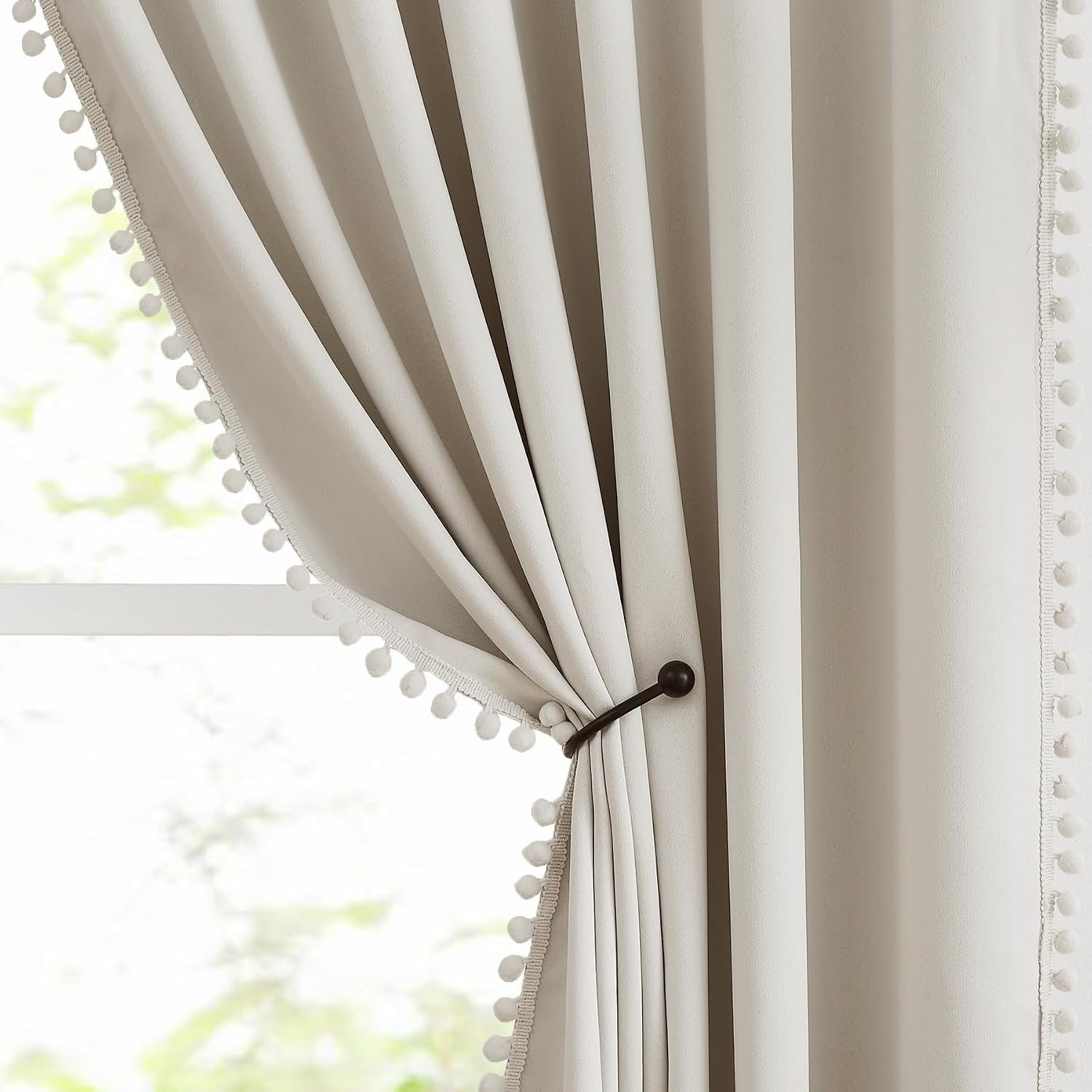 Abstractex Pom Pom Ivory Blackout Curtains for Living Room 72-Inch Natural Beige Thermal Insulated Eyelet Room Darkening Curtain Panels for Bedroom Kitchen Kids Nursery 54" W 2 Panels Ring Top