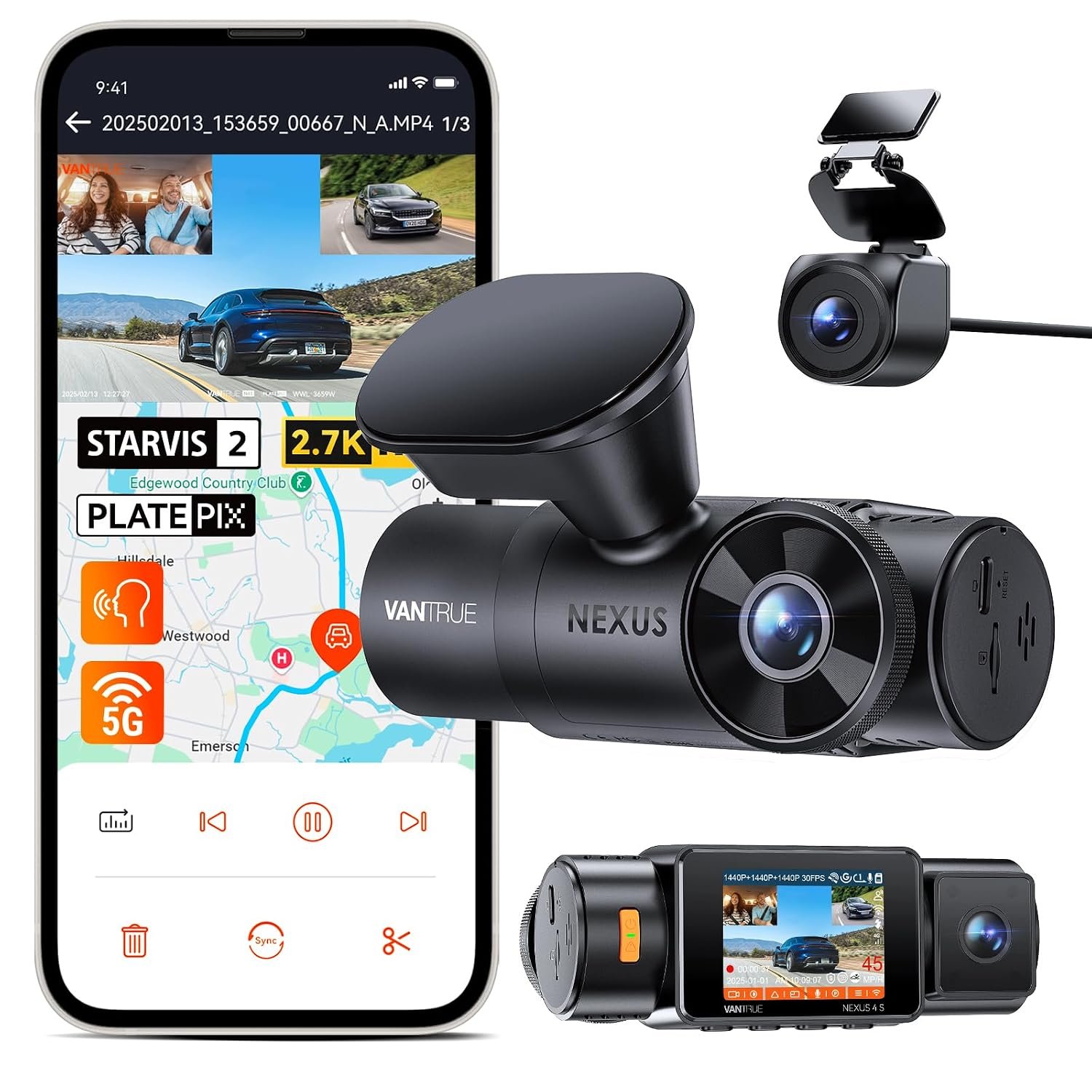 Vantrue N4S 3 Channel Dash Cam, 2.7K+2.5K+2.5K STARVIS 2 Night Vision Front Inside and Rear Dashcam, HDR/IR, 24H Parking Mode,Voice & GPS & APP Control,Waterproof,Supercapacitor, Support 1TB
