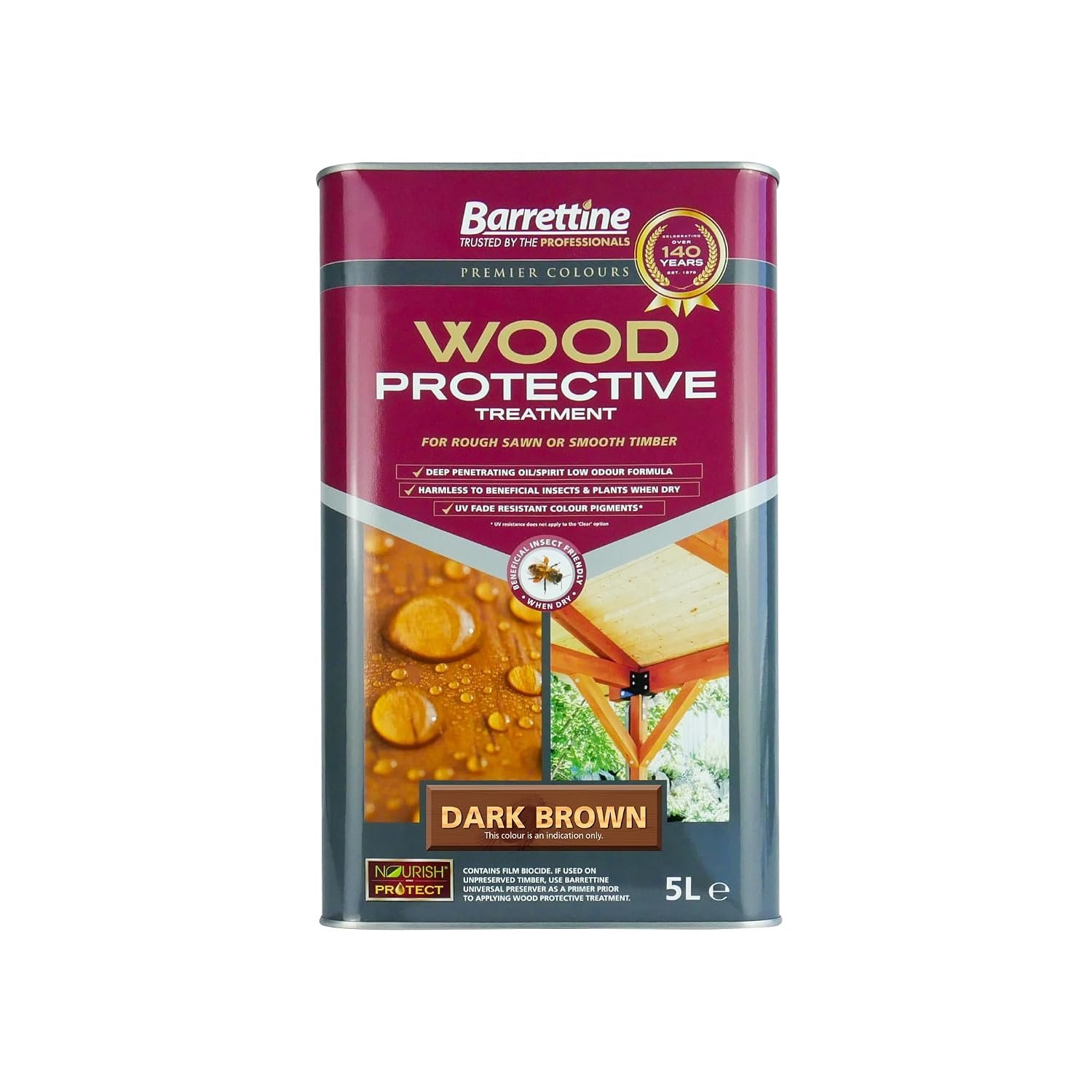 Barrettine Wood Protective Treatment (Dark Brown, 5L) - Ideal Treatment for Outdoor Treated Timber Structures. Wood Protector Oil with Water Repellent Qualities. UV & Fade Resistant.