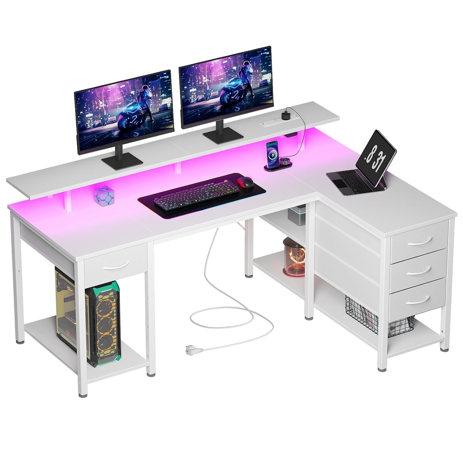 Seventable 140cm L Shaped Computer Desk with LED Lights, USB Ports, Power Outlets, Monitor Stand & Storage Drawers(Reversible Design) – Modern Corner Desk for Bedroom or Home Office, White