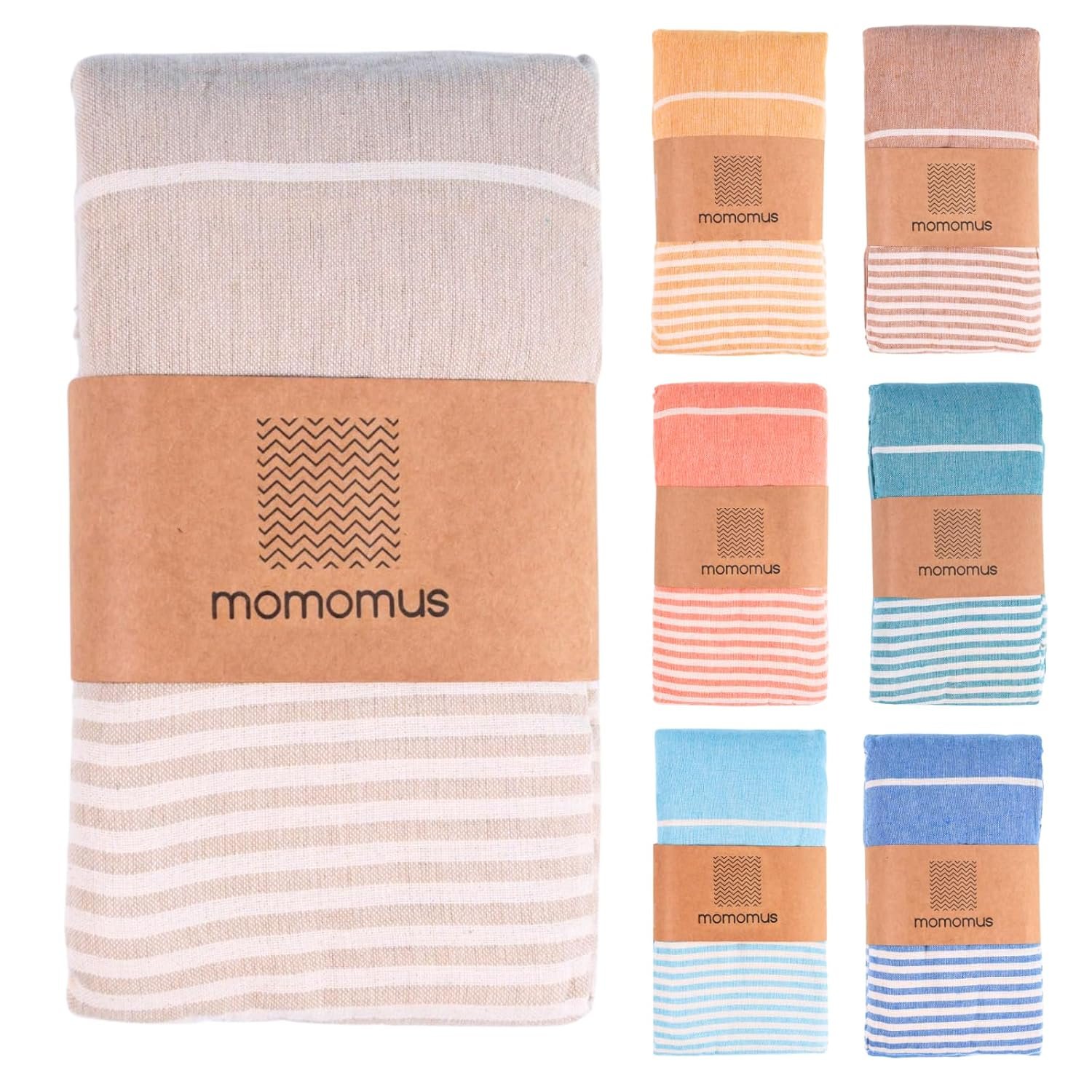 MOMOMUS Fouta XXL, Extra Large Beach Towel for Adults - Beach Picnic Blanket - 100% Cotton, with Fringes and Sand Free - Beige, 210x240 cm