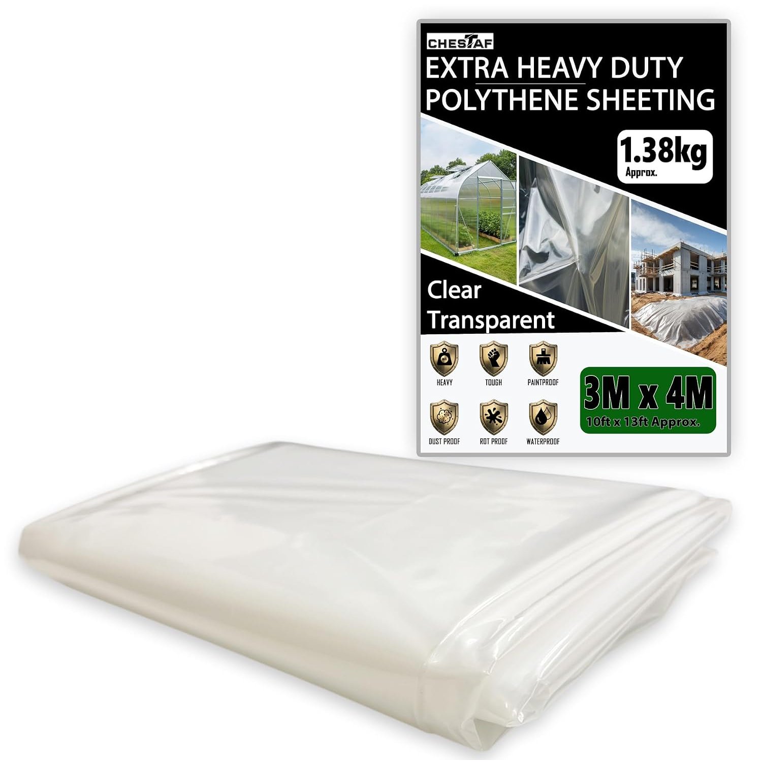 Extra Thick Plastic Sheeting 1.38KG Heavy Duty 3M X 4M Clear Polythene Sheet Thickened Polytunnel Membrane Greenhouse Waterproof Garden Dust Sheet Gardening Grow Insulation Building Rubble Protection