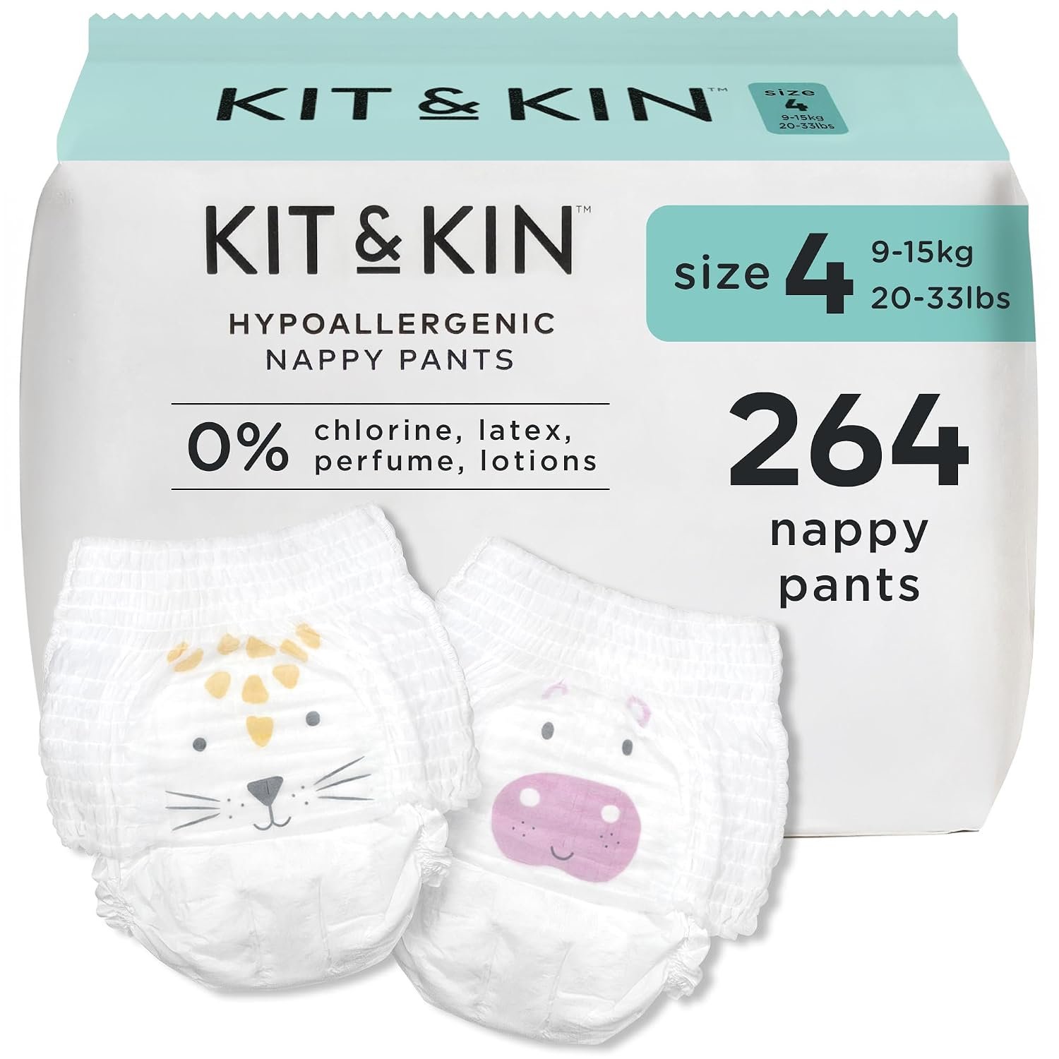 Kit & Kin Premium Nappy Pants Size 4 | 9-16 kg / 20-33 lbs | Maxi Pull Ups | 12 Packs / 264 Pants | Hypoallergenic | Vegan & Chlorine-Free | Superior up to 12 Hour Leak Protection