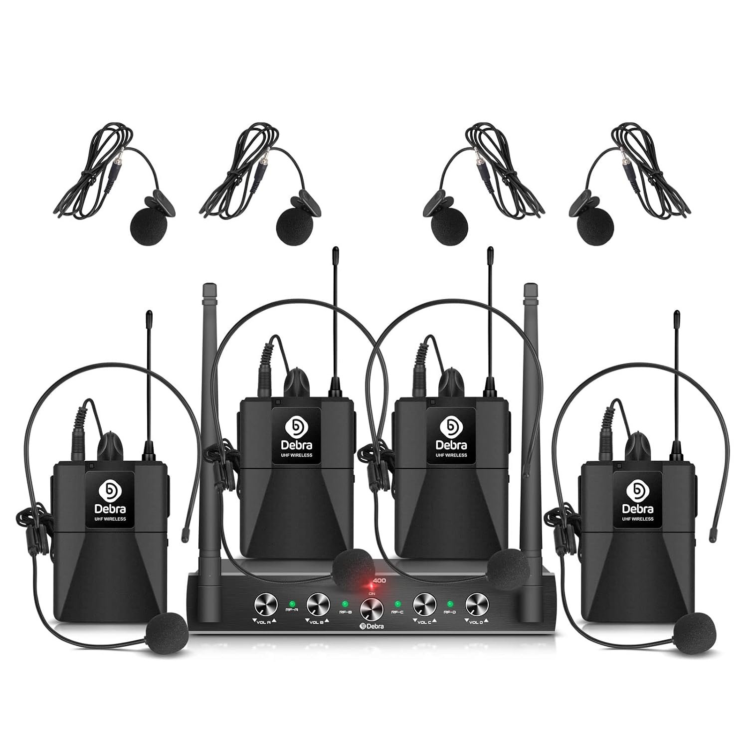 Audio Pro UHF 4-Channel Wireless Mic System, Cordless Lavalier & Headset Mics, Metal Receiver, Perfect for Karaoke, Church, Parties (4 Bodypacks B)