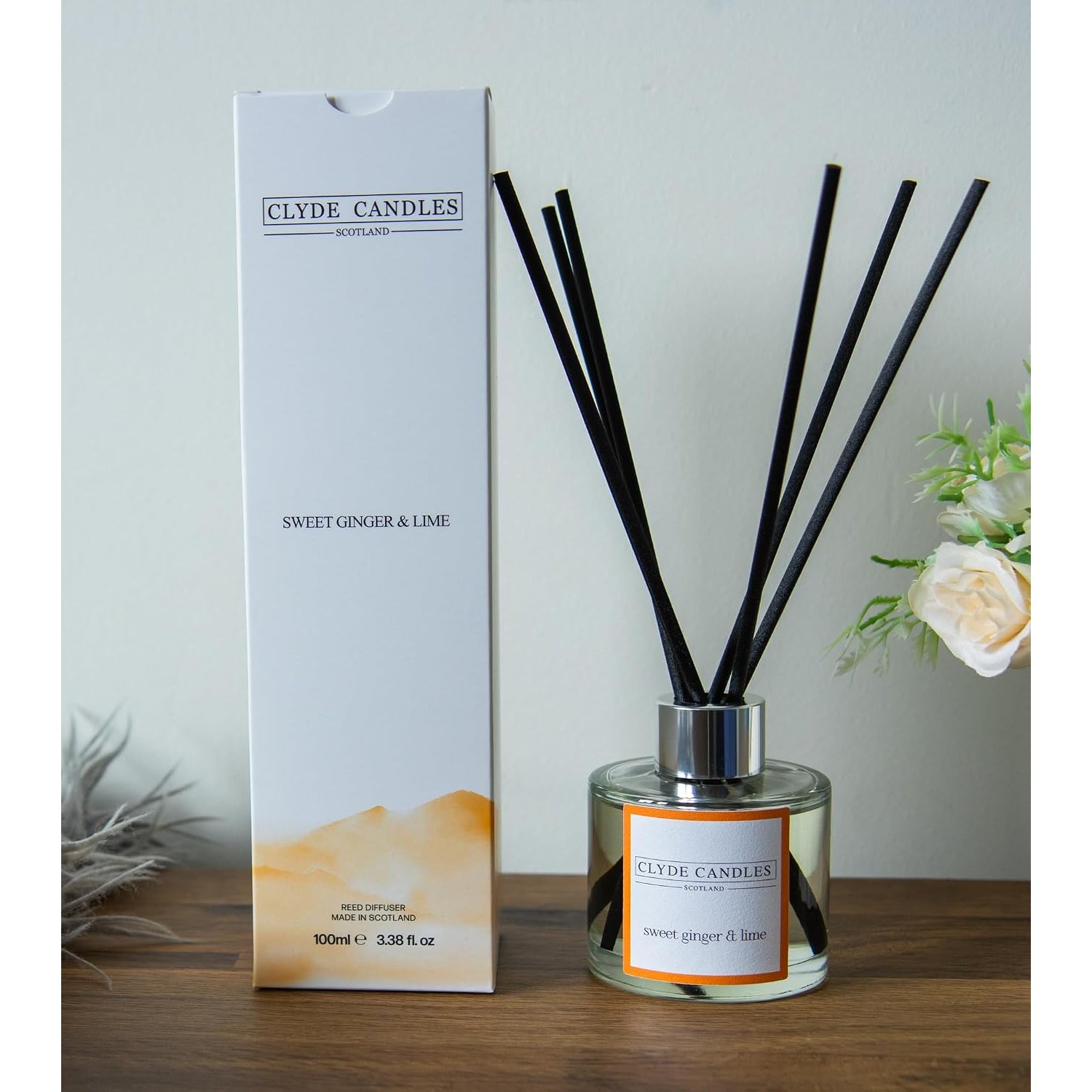 Sweet Ginger & Lime Reed Diffuser - Clyde Candles, Luxury Diffuser Oil with a Set of 7 Fibre Sticks, Best Aroma Scent for Home, Kitchen, Living Room, Bathroom. Fragrance Diffusers set with sticks