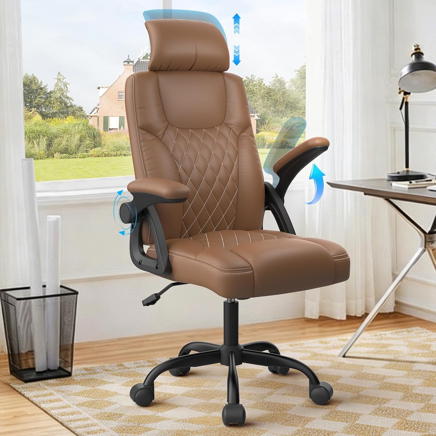 YONISEE Office Chair, Ergonomic Desk Chair with Padded Flip-up Armrests Adjustable Headrest High Back Swivel Chair Computer Chair For Home Office Study Working(Brown)