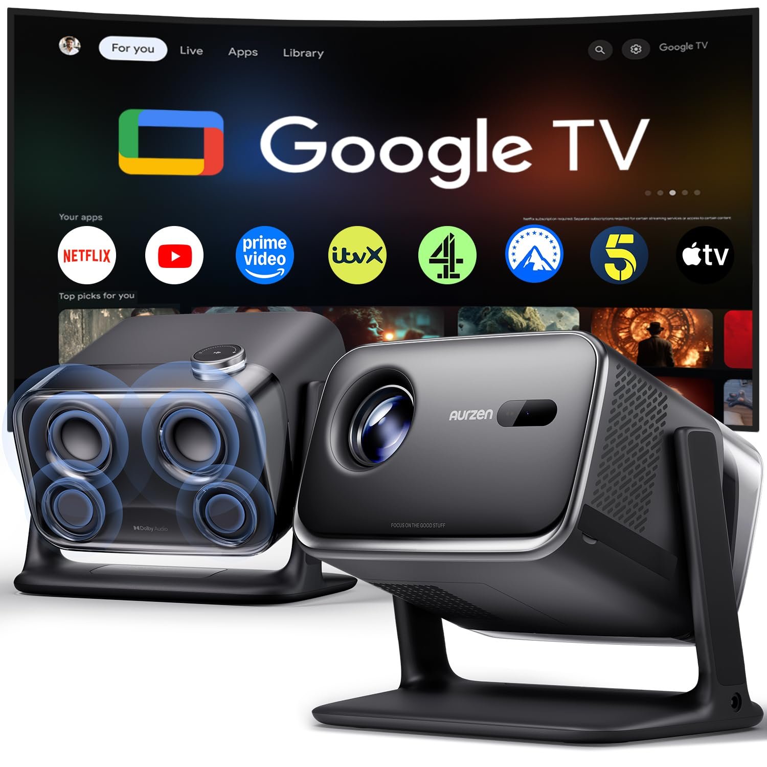 Aurzen BOOM mini Google TV Smart Projector with WiFi and Bluetooth, 4K Supported Outdoor & Home Movie Projector with 20W Speakers DoIby Audio, Real-Time Focus & Keystone, 500 ANSI Lumens, Black