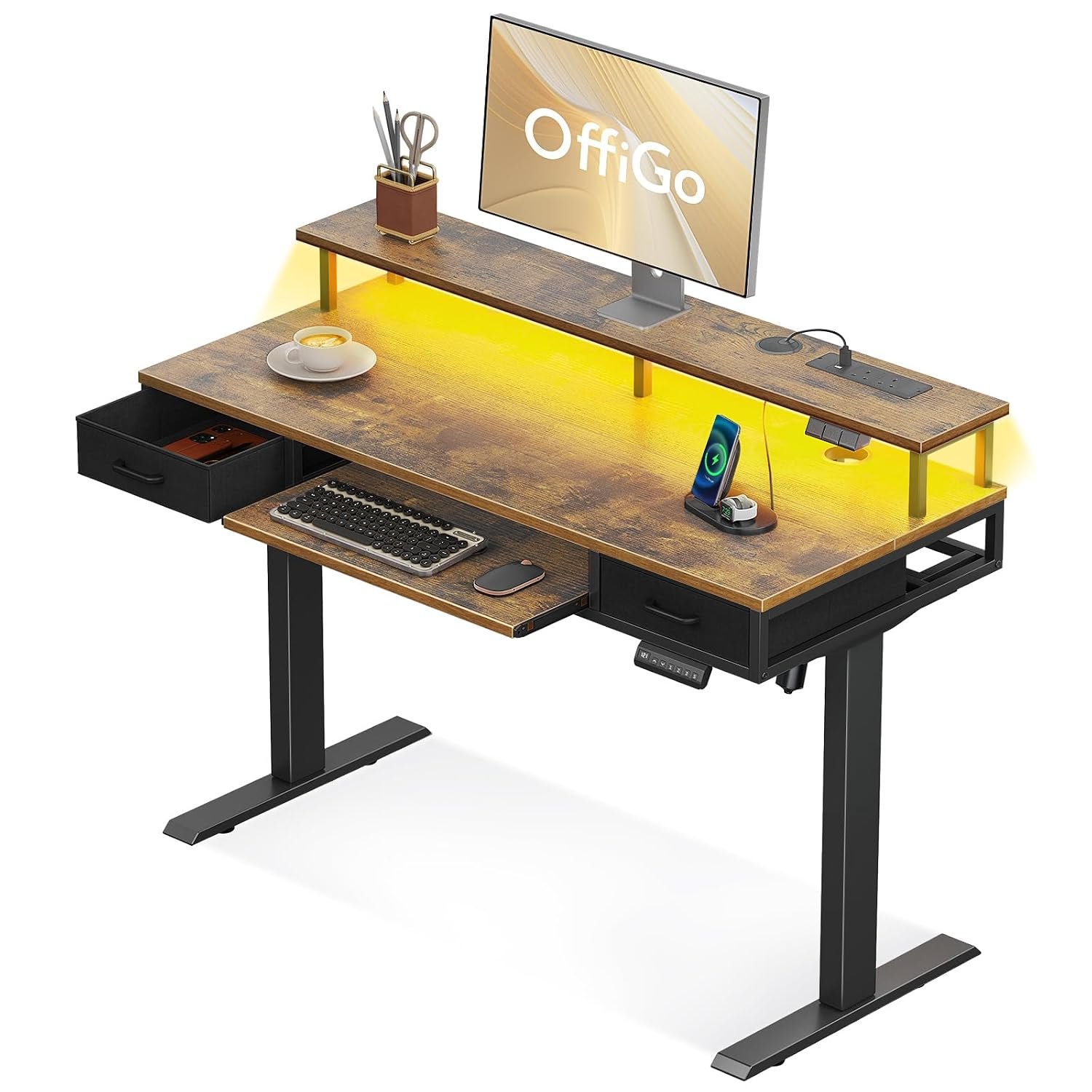 OffiGo Height Adjustable Desk, 120cm Electric Standing Desk with Drawers, Sit stand up Table with Keyboard Tray, Office Table with Sockets and LED Light, Monitor Stand, Rustic Brown