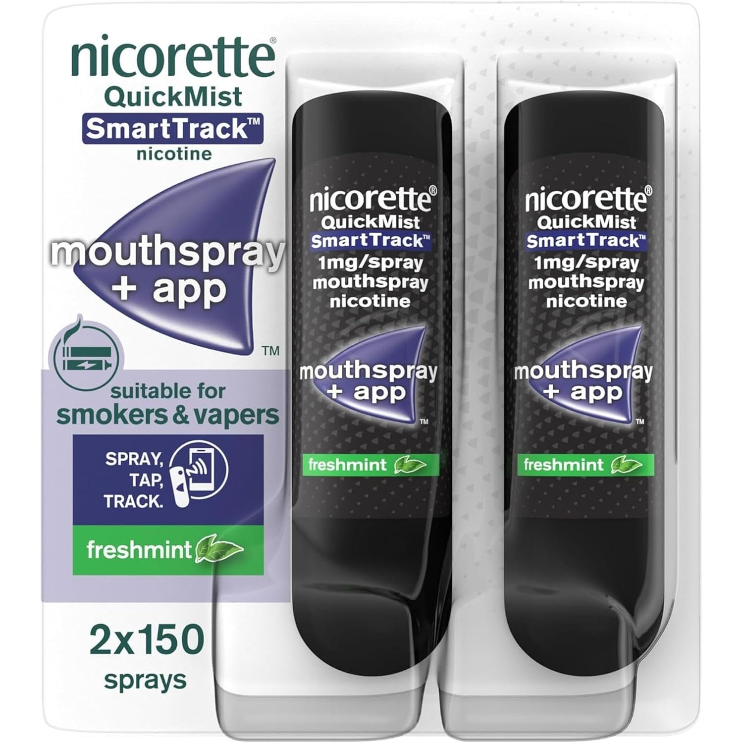 Nicorette Quickmist SmartTrack Mouthspray (2 x 150 sprays), Freshmint, Quit Vaping or Quit Smoking Aid designed to start reducing cravings in 30 Seconds, Smoking or Vaping Cessation Aid