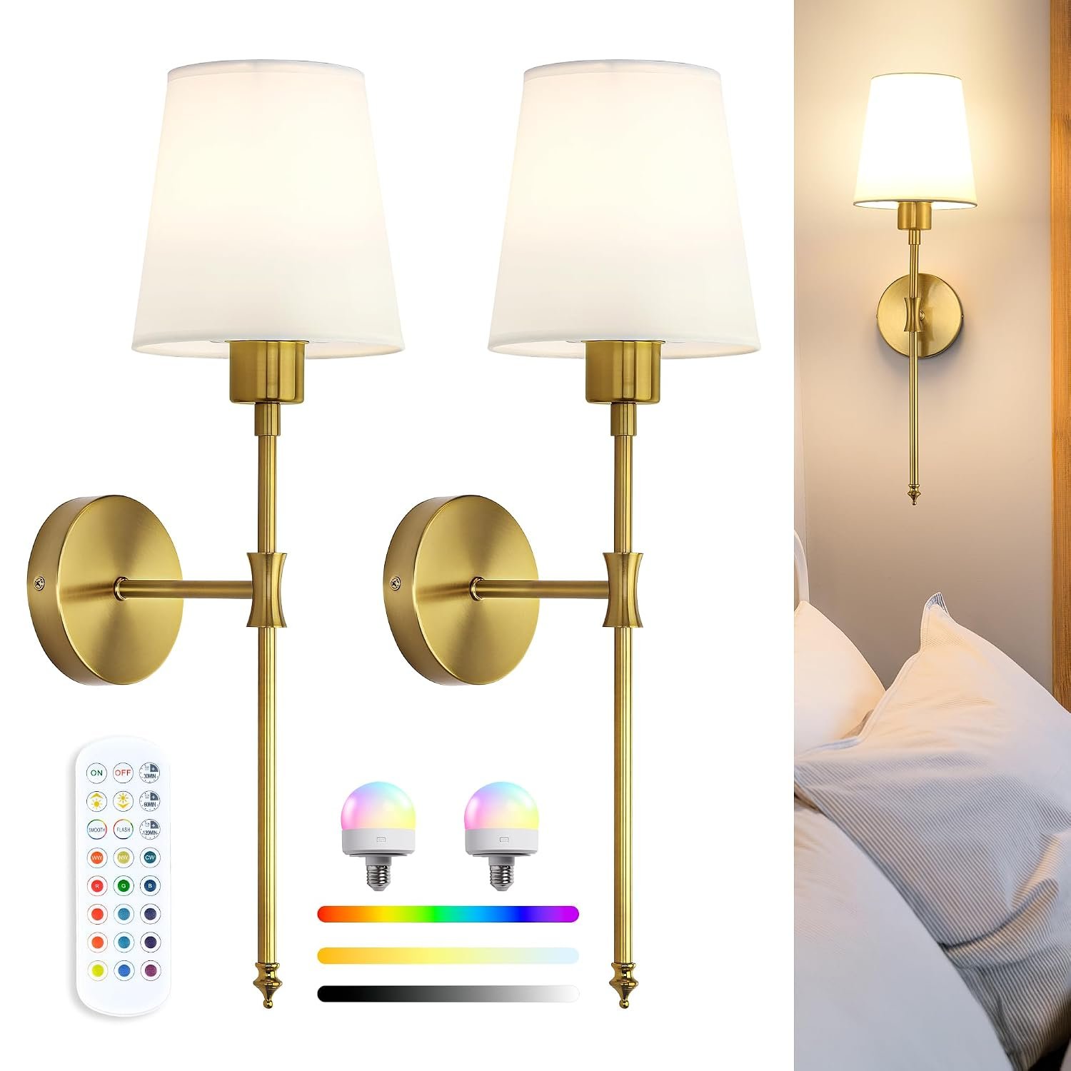 Rechargeable Wall Sconce Lights Set of 2 – Wireless or Hardwired Installation, 57cm Tall Vintage Fabric Shade, Magnetic RGB Bulb with Remote, Wall Lights for Bedroom & Living Room, Gold