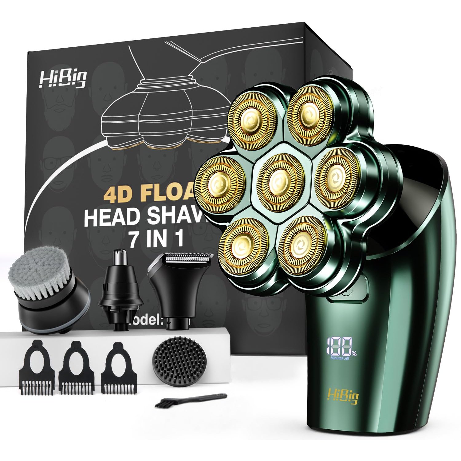 Head Shavers for Bald Men - 7D Arc Magnetic Detachable Electric Razor, Waterproof Wet Dry 5-in-1 Electric Shaving & Grooming Kit, LED Display Rechargeable Head & Body Hair Shaver, Green