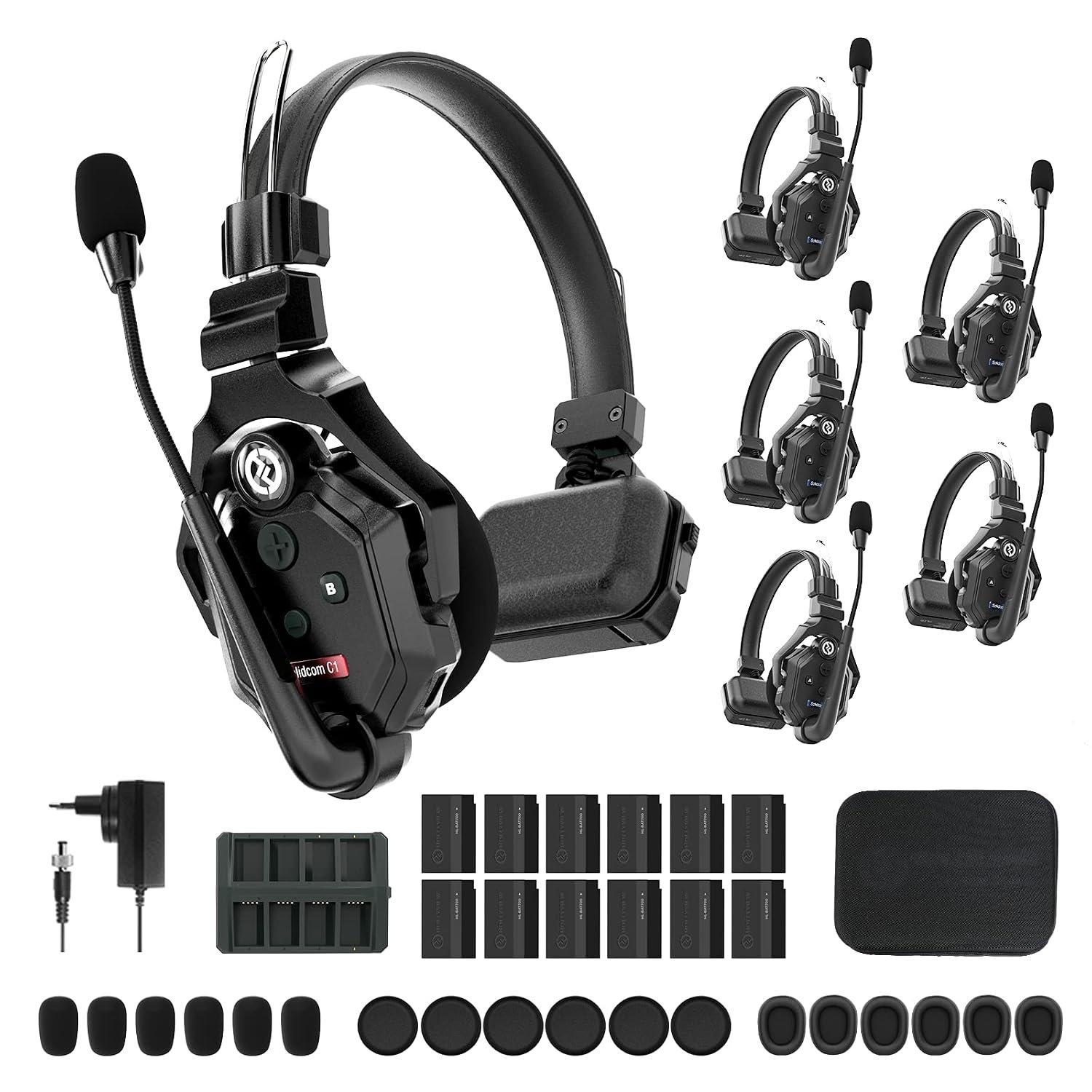 Hollyland Solidcom C1 Full Duplex Headset Wireless Intercom System,1100ft Team Communication/Group Talk, Single Ear Headset with 1 Master & 5 Remote Headphone Microphone(6 Users)