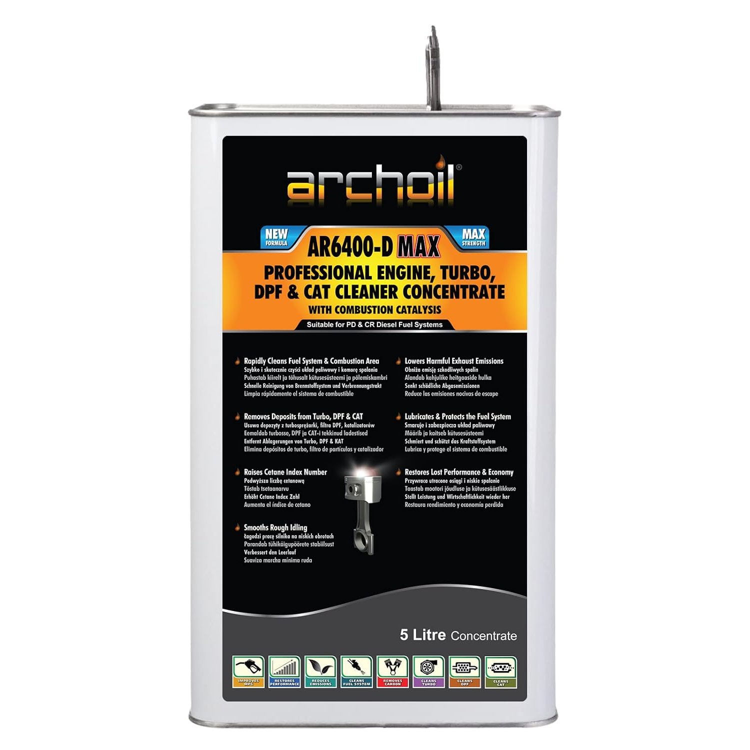 Archoil AR6400-D MAX Pro DPF Cleaner Diesel - Diesel Injector and Particulate Filter Treatment - Fuel System Cleaner - EGR, Turbo and Emissions Additive for MOT Pass - Trade Size 5L Concentrate
