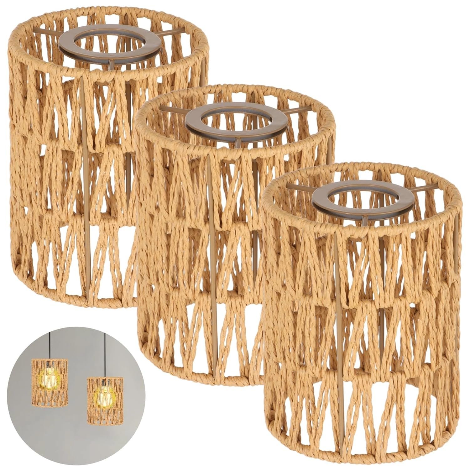 3PCS Rattan Lamp Shade,Small Wicker Pendant Light Shade - Cylinder Woven Wicker Lampshades Replacement,Paper Rope & Metal Frame,Bohemian Ceiling Hanging Light Shades for Wall Light