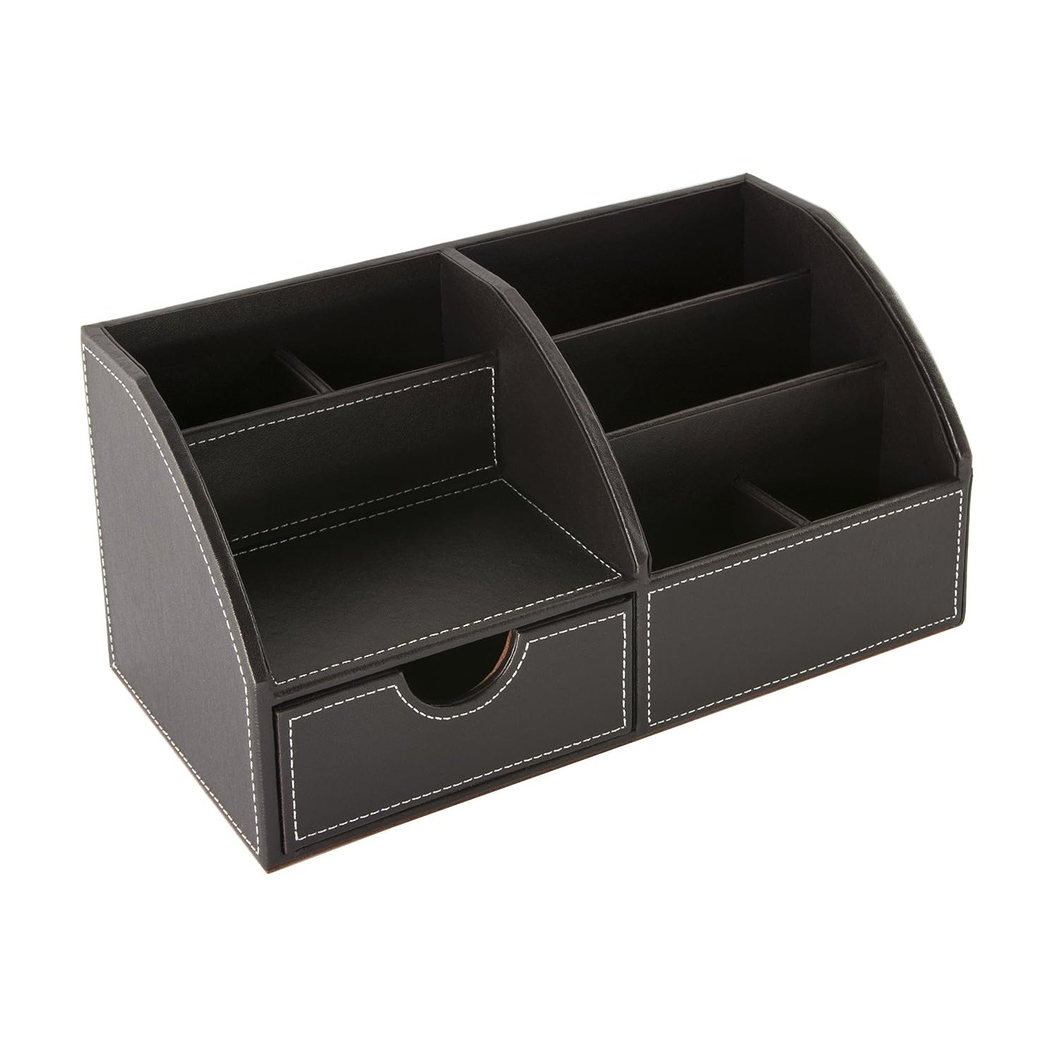 OSCO Faux Leather Desk Organiser with Drawer, 8-Compartment Stationery Caddy, Pen & Pencil Holder, Desktop Makeup or Office Storage Box, Brown