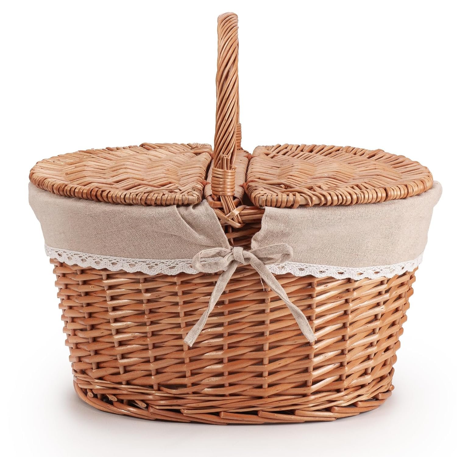 Woodluv Oval Natural Willow Wicker Picnic Hamper Shopping Storage Basket W/Handle - 39.5cm x 30cm x 37.5(H) cm