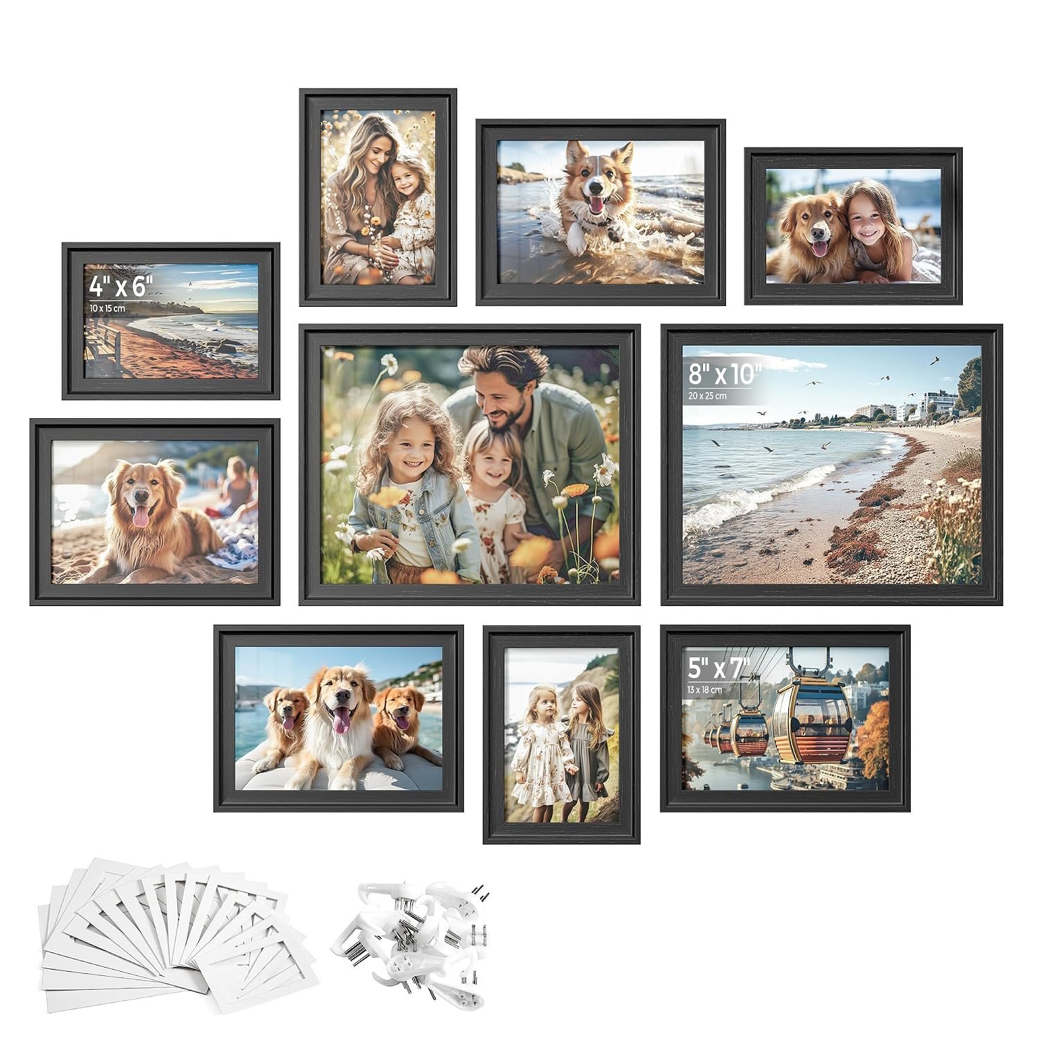 SONGMICS Picture Frames with 16 Mats, Set of 10, Photo Frames with Two 8x10, Four 5x7, Four 4x6 Frames, Hanging or Tabletop Display, MDF and Glass, 12 Non-Trace Nails, Ash Black RPF049B01