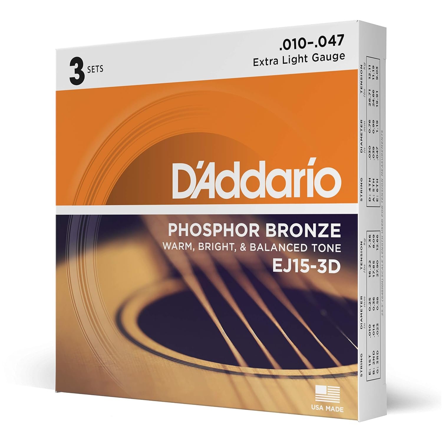 D'Addario Acoustic Guitar Strings, Phosphor Bronze, EJ15-3D, Extra Light Gauge 10-47, 6-String Set, Pack of 3