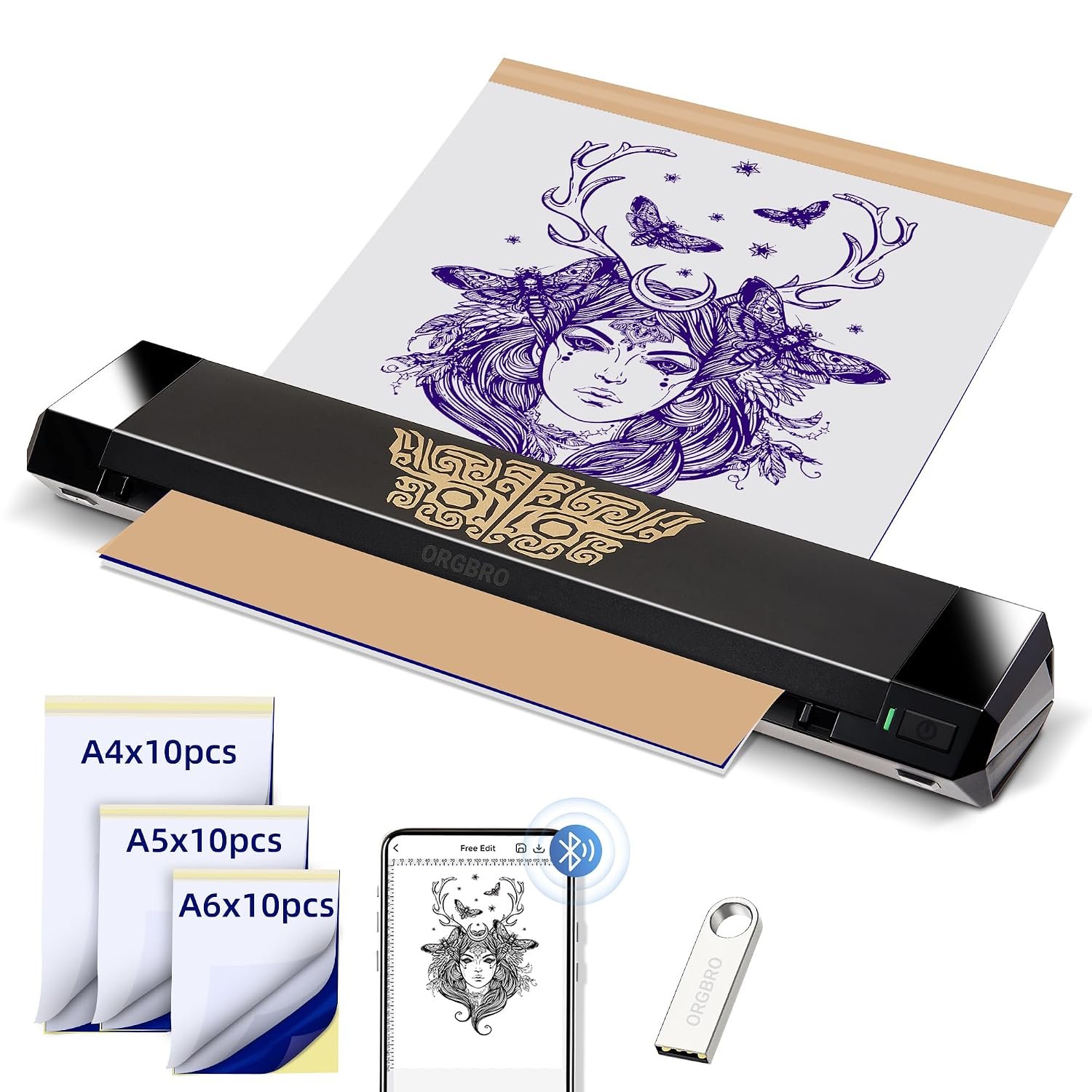 ORGBRO Tattoo Stencil Printer X8 Thermal Tattoo Printer Portable Bluetooth Wireless Tattoo Machine for Professional Artists & Beginners, Compatible with Phone/Tablet/PC