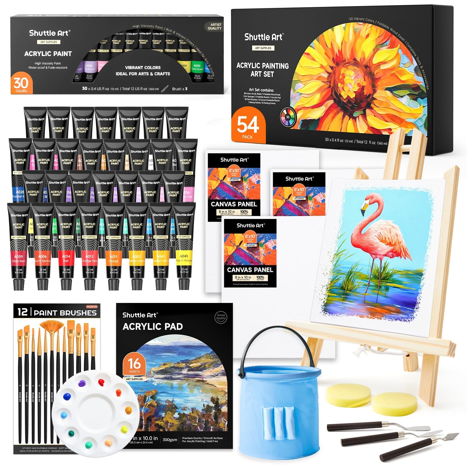 Shuttle Art 54 Pack Acrylic Paint Set, Acrylic Painting Set with 30 Colors Acrylic Paint, Wooden Easel, Painting Canvas, Paint Brushes, Palette, Art Painting Supplies for Kids Adults Beginner Artists