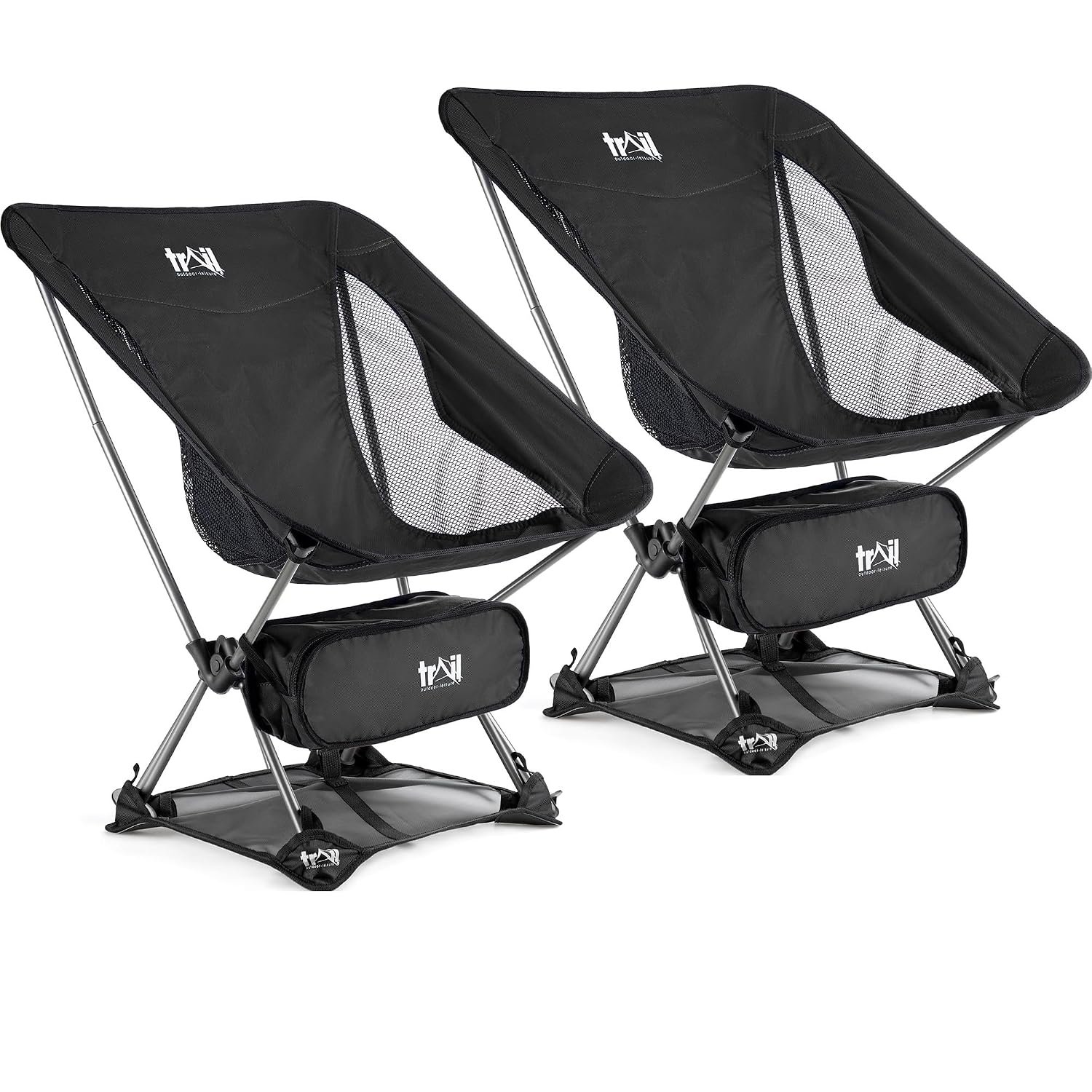 Trail Hawk Lightweight Camping Chair Portable Compact Ultralight Folding Seat with Ground Mat and Bag (Black 2x Chairs)