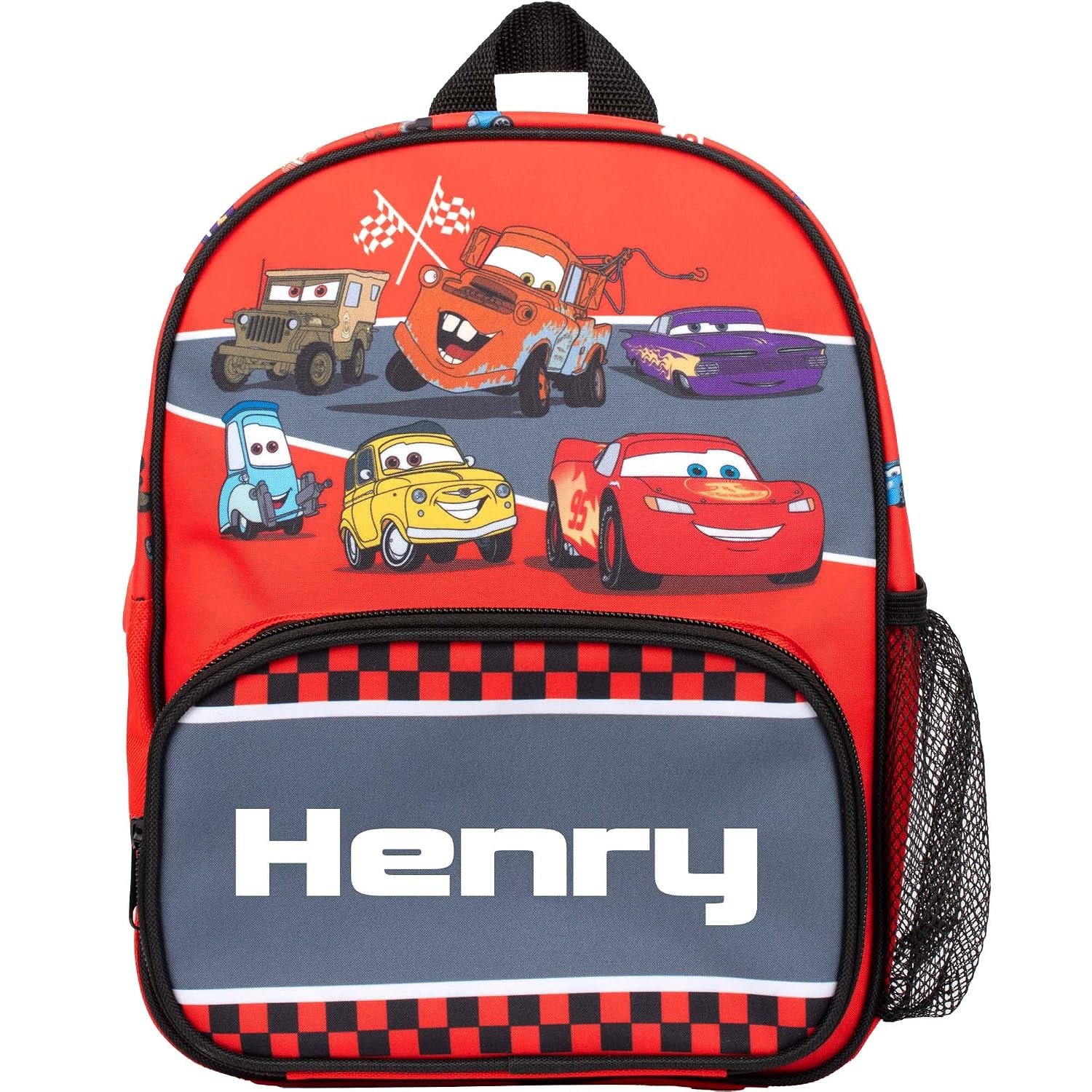 Disney Cars Personalised Kids Backpack, Toddlers Nursery Bag Mesh Water Bottle Pocket and Front Zipped Pockets, Personalised with any name Lightning Mcqueen Red