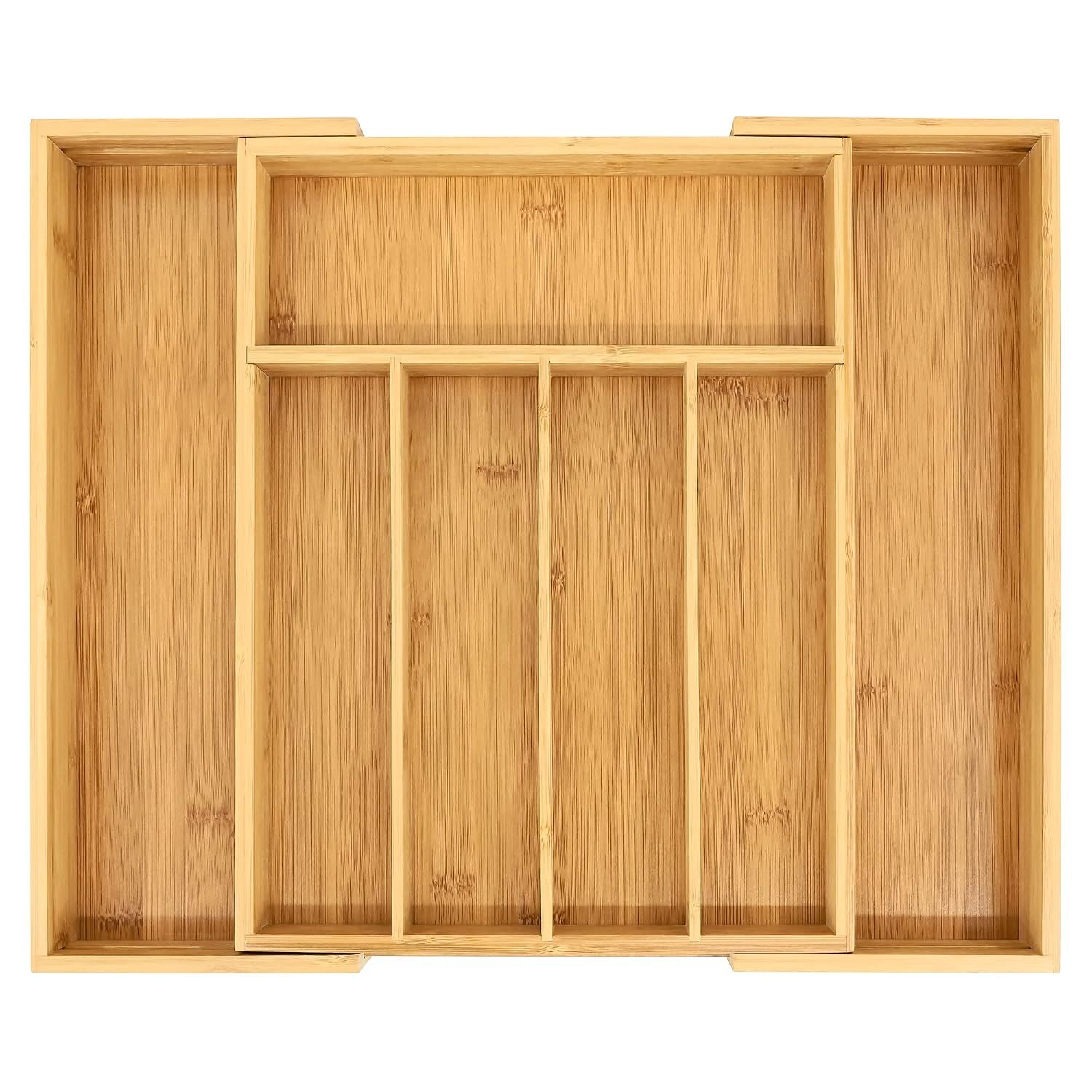 VaeFae Bamboo Cutlery Organiser, Expandable Cutlery Tray for Drawer and Utensil Holder, Multi-Function Drawer Storage, 5-7 Compartments