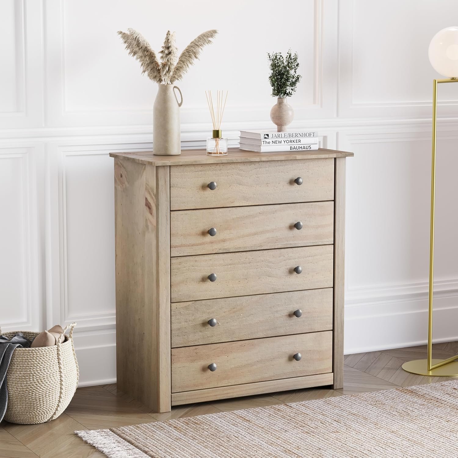 Vida Designs Panama 5 Drawer Chest Solid Pine Wood Waxed Oak Finish