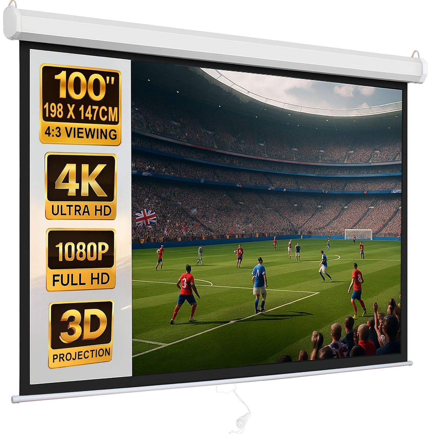 100 inch Pull Down Projector Screen 4:3 Retractable, Auto-Locking - Wall or Ceiling Mount, Large Projection Screens 4K/1080P/3D/HD Ready For Home Cinema, Office, or School (198x147cm / 78”x 58”)