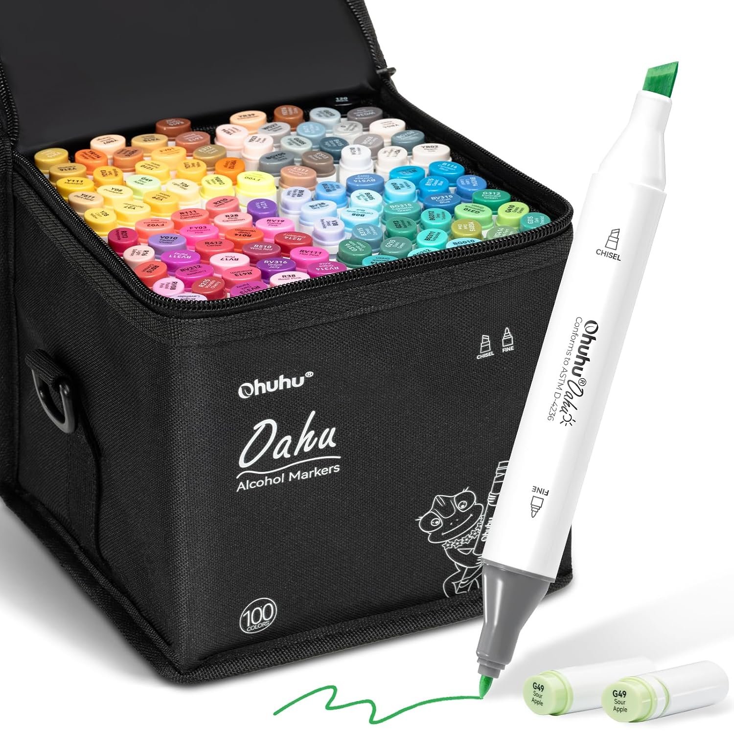Ohuhu Alcohol Markers Double Tipped Art Marker Set for Artists Adults Coloring Pens Sketch Illustration - Chisel & Fine - 100 Colors - Oahu of Ohuhu Markers - Refillable - AP Certificated