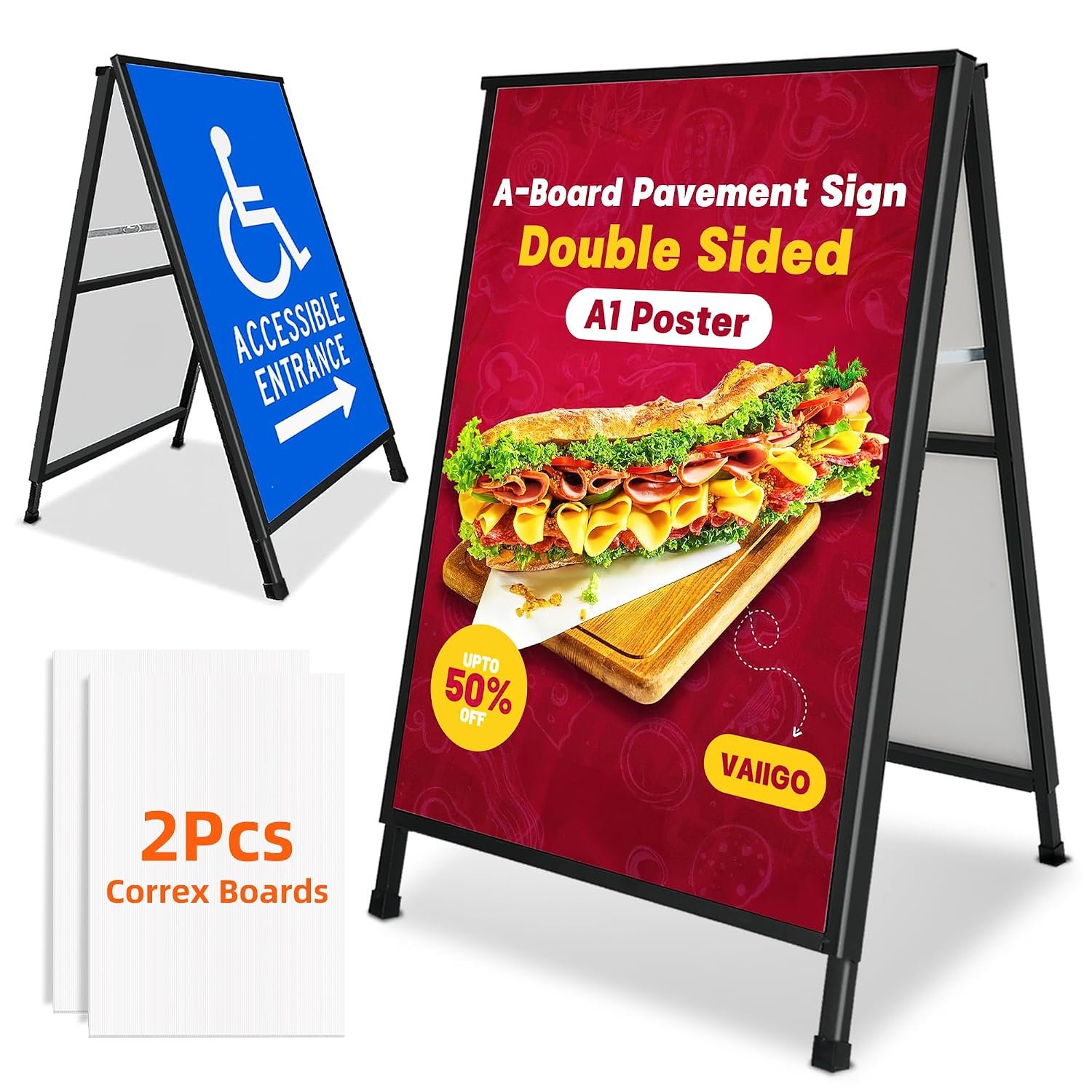 VAIIGO A1 Pavement Sign A-Board - A Frame Double Sided Pavement Board Poster Holder Display Stand With 2 Anti-Glare Covers and Corrugated Boards for Business, Restaurant, Outdoor Advertising Board