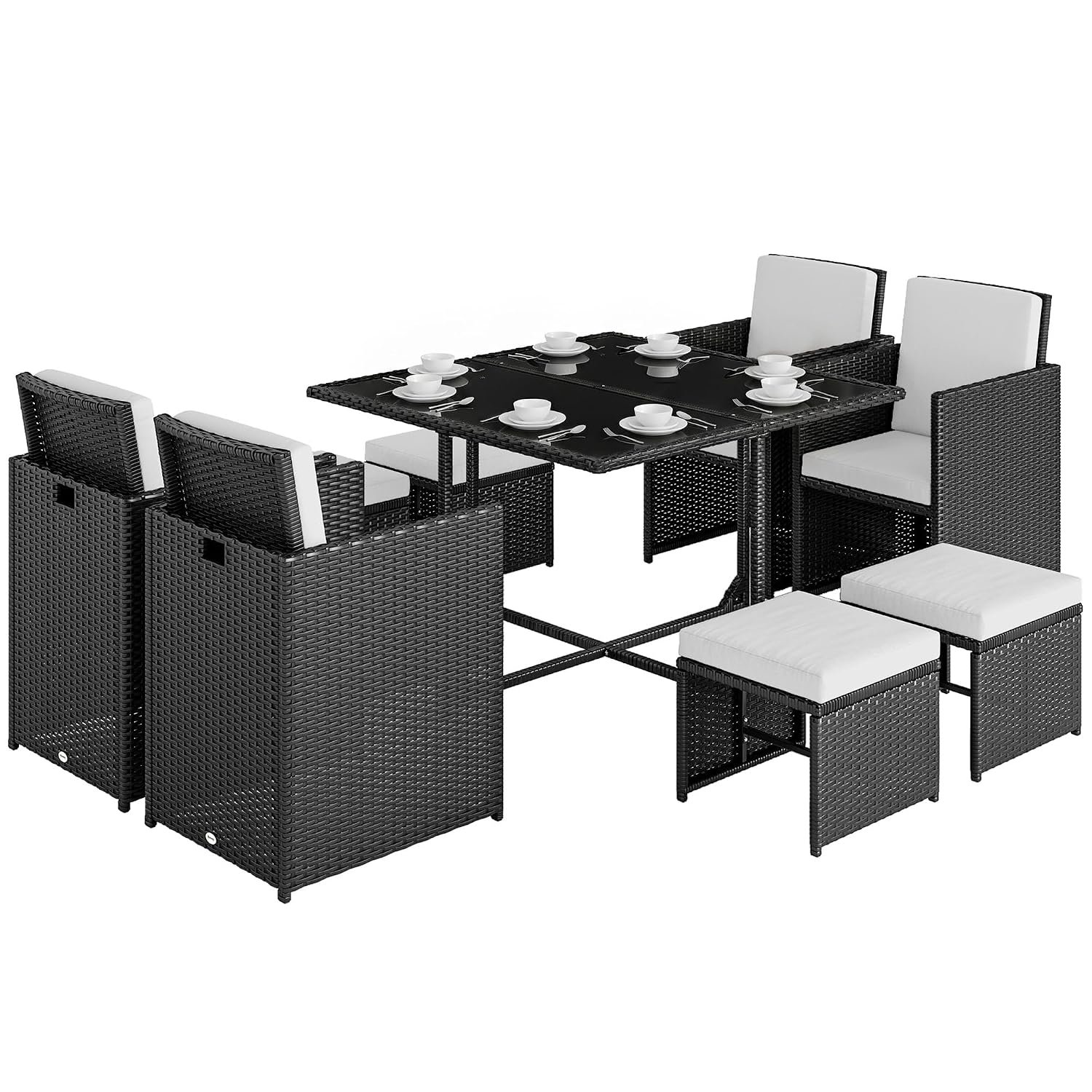 Outsunny 8 Seater Rattan Cube Garden Furniture Set, Space Saving Outdoor Dining Set with Cushions, Garden Table and Chairs with 4 Armchairs, 4 Footstools, Square Glass Top Table, Black