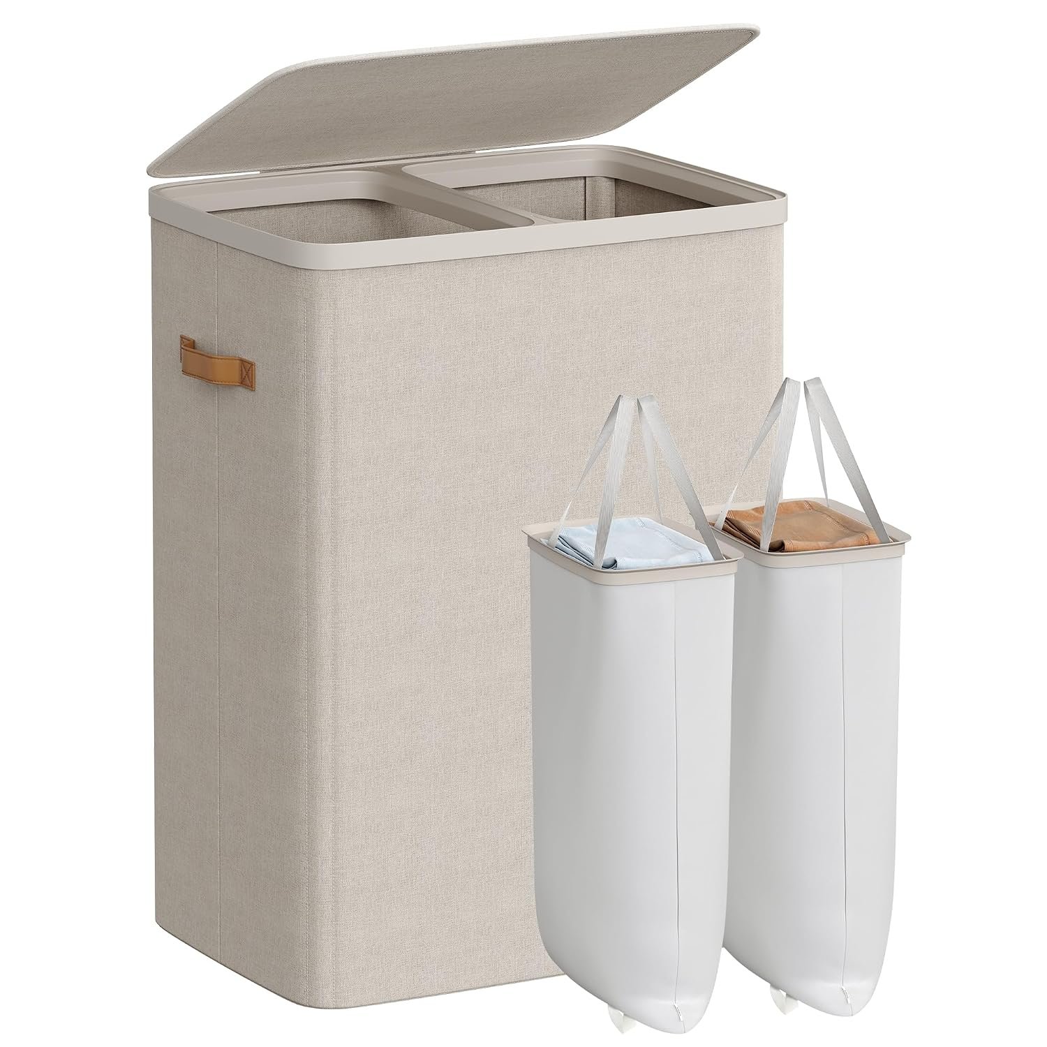SONGMICS Laundry Basket, 170 L Dual Compartment Laundry Hamper, with Lid and Handles, Removable Liners, Easy Assembly, 56 x 40 x 75 cm, Cappuccino Beige LCB813L01